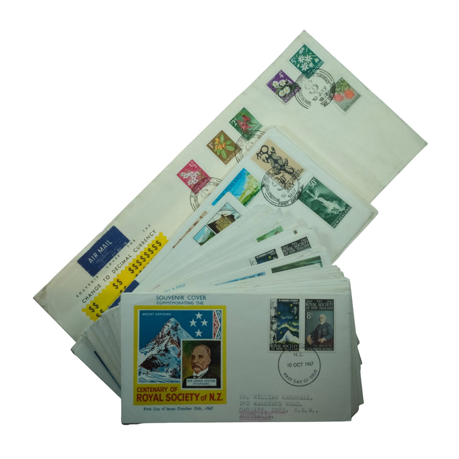 New Zealand 1967 - 1969 First Day Covers, All used and addressed, (45 Different): No Duplication Medium Coins, Monies & Stamps