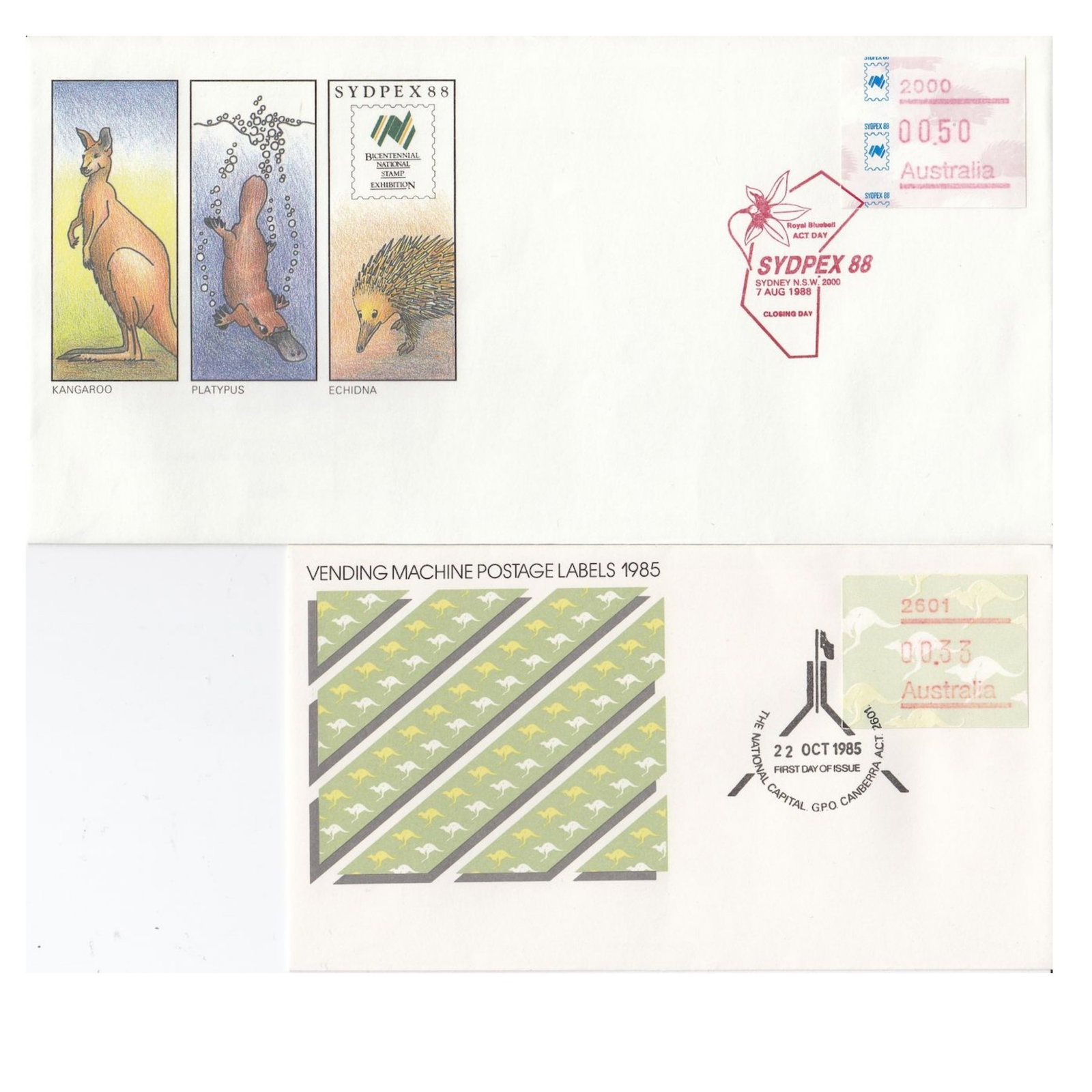 Australia Vending Machine stamps on First Day Covers, As issued (28): 3 different designs issued around Australia Medium Coins, Monies & Stamps Exhibited Stamps, World