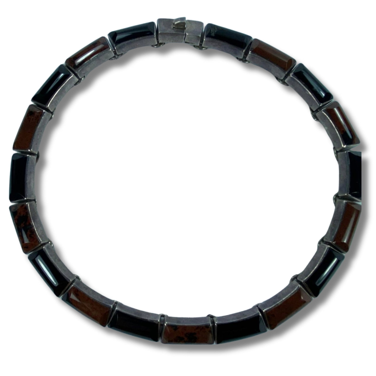 Vintage Handmade Mexican Silver Collar Necklace Bezel set with Jasper & Onyx: . Size Total Weight 105 grams : Length 40cm Medium Jewelry