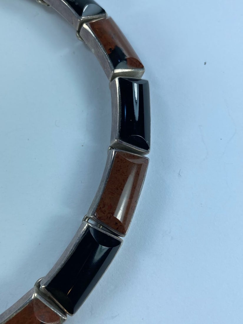 Vintage Handmade Mexican Silver Collar Necklace Bezel set with Jasper & Onyx - 2