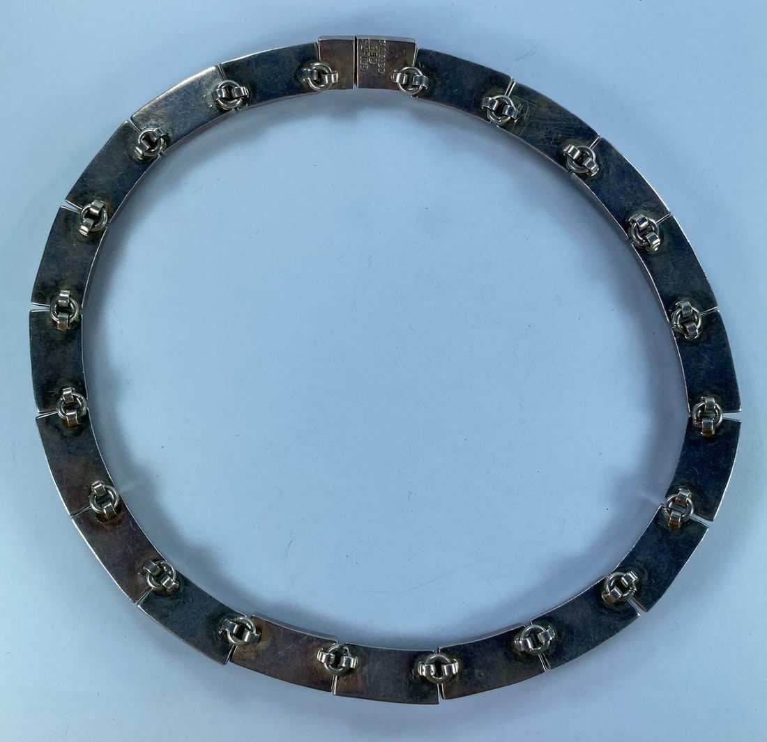Vintage Handmade Mexican Silver Collar Necklace Bezel set with Jasper & Onyx - 4