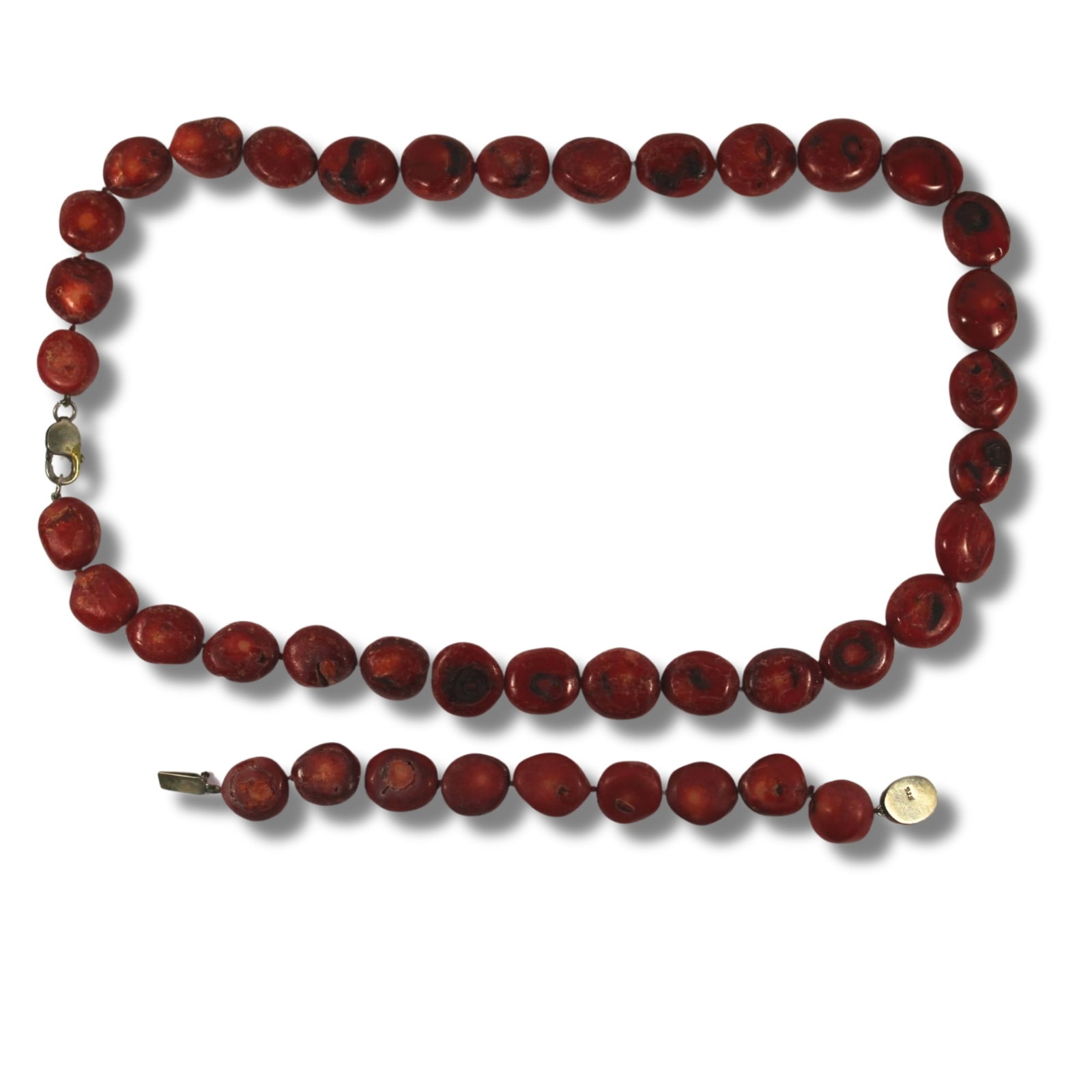 Dyed Red Coral Beaded Necklace with matching Bracelet both with Sterling(925) Silver Clasps: . Size Open Lengths 67cm & 20cm Medium Jewelry