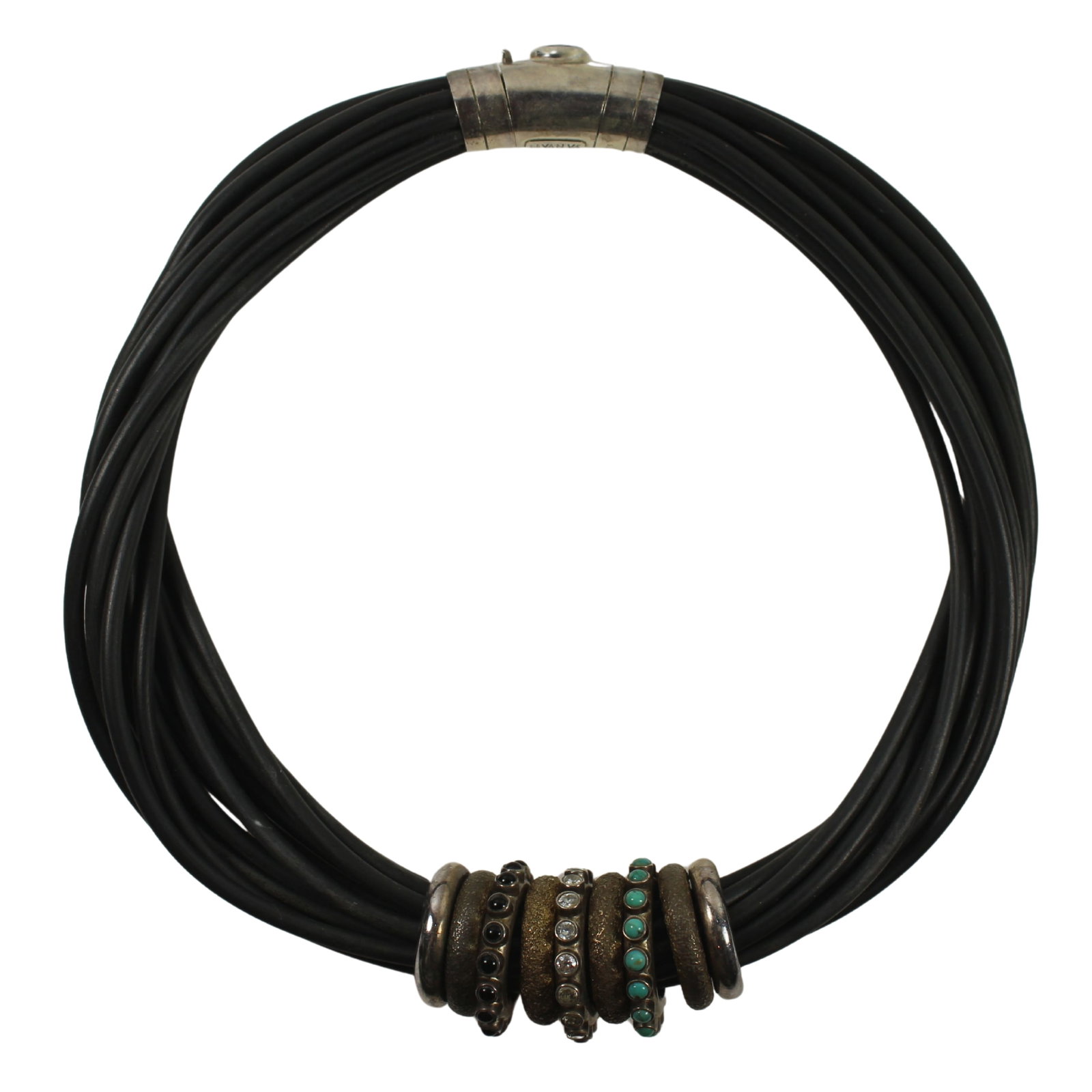 Designer Choker Necklace by 'Yanvan' in Multi-strand Rubber with Sterling (925) Silver Clasp: Nine Suspender Rings with Turquoise & Faux Jewell adornments Size Open length 43cms Medium Jewelry