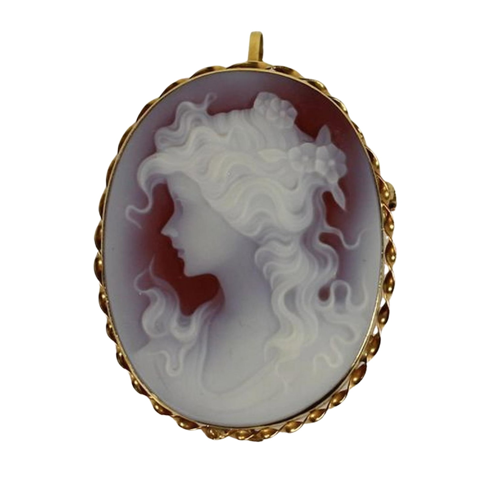 Vintage French Brooch / Pendant in 18ct Yellow Gold with a carved Glass Cameo on Carnelian: Quality Size Total weight 8.57gms : 4x3cms Medium Jewelry