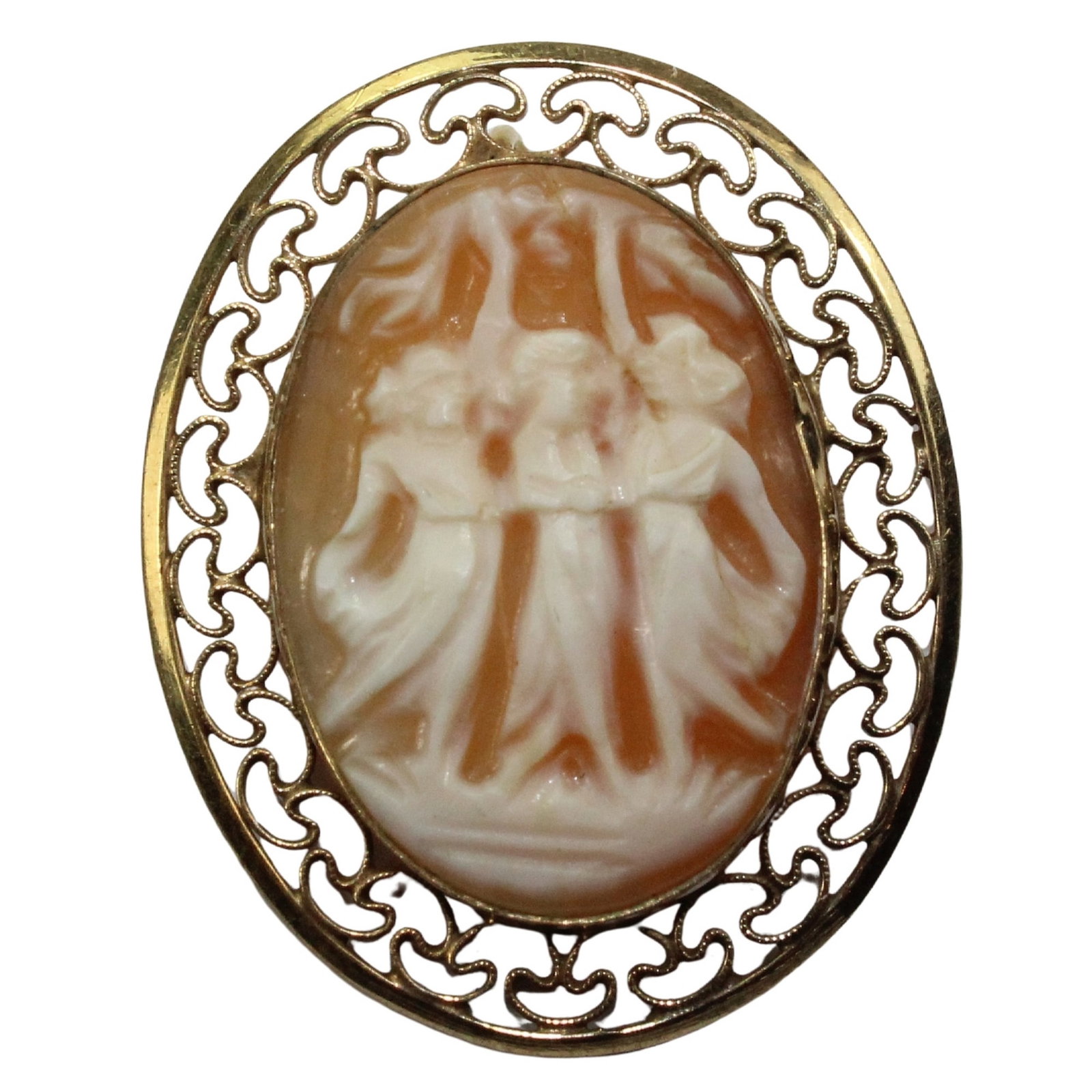 Antique Shell Cameo Brooch in Gold-plate surround: 'Three Graces' Size Dimensions 34x26mm Medium Jewelry