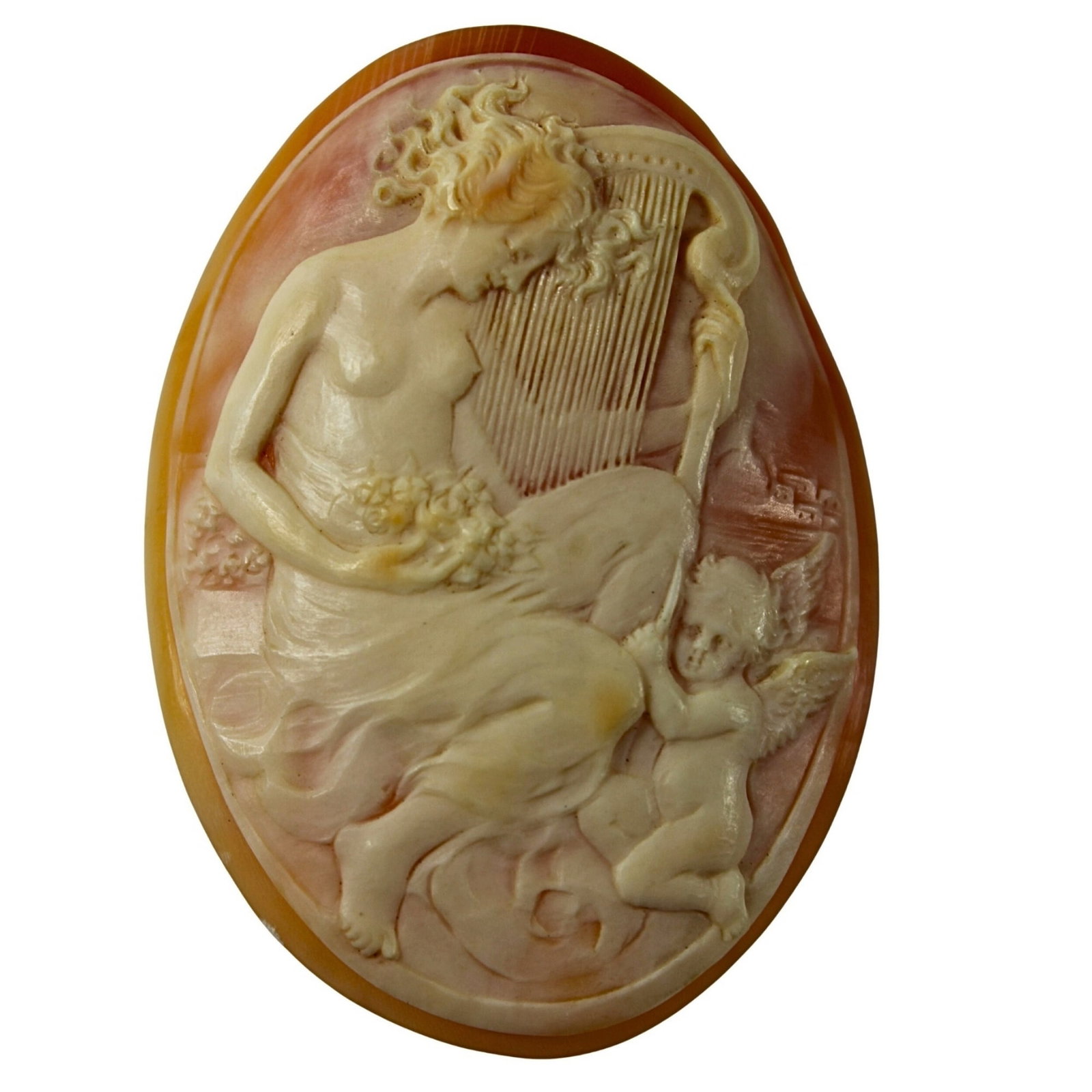 Exquisite Shell Cameo of a Lyre-playing Maiden attended by a Cherub: Master carving Size 5.5x4cms Medium Jewelry