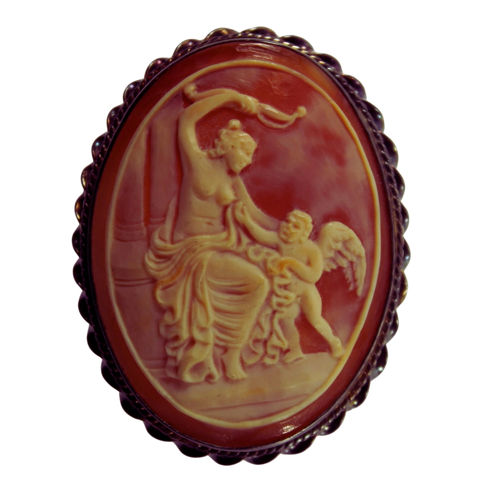 Classical Shell Cameo Brooch with Sterling (925) Silver Surround: Cherub design Size 6x4.5cms Medium Jewelry