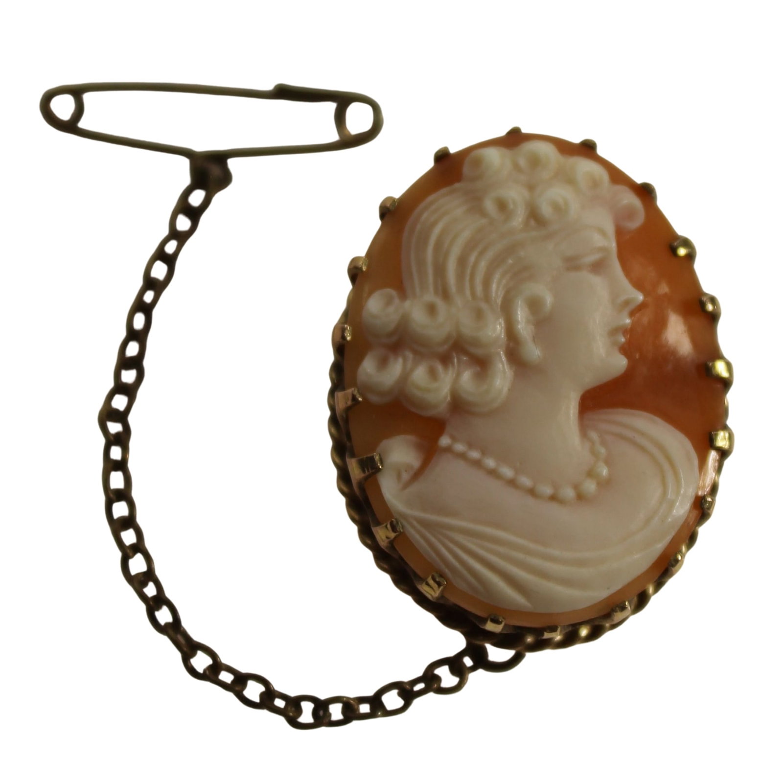 Shell Cameo of a ''Curls & Pearls' Glamour Lady in 9ct Yellow Gold Brooch Mount: . Size Total weight 4.86gms. 2.5x2cms Medium Jewelry