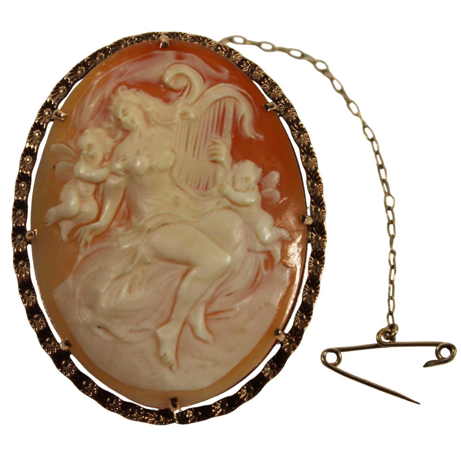 Well-carved Shell Cameo in 9ct Yellow Gold Brooch Mount of a Maiden attended by two Cherubs: . Size 5x4cms Medium Jewelry