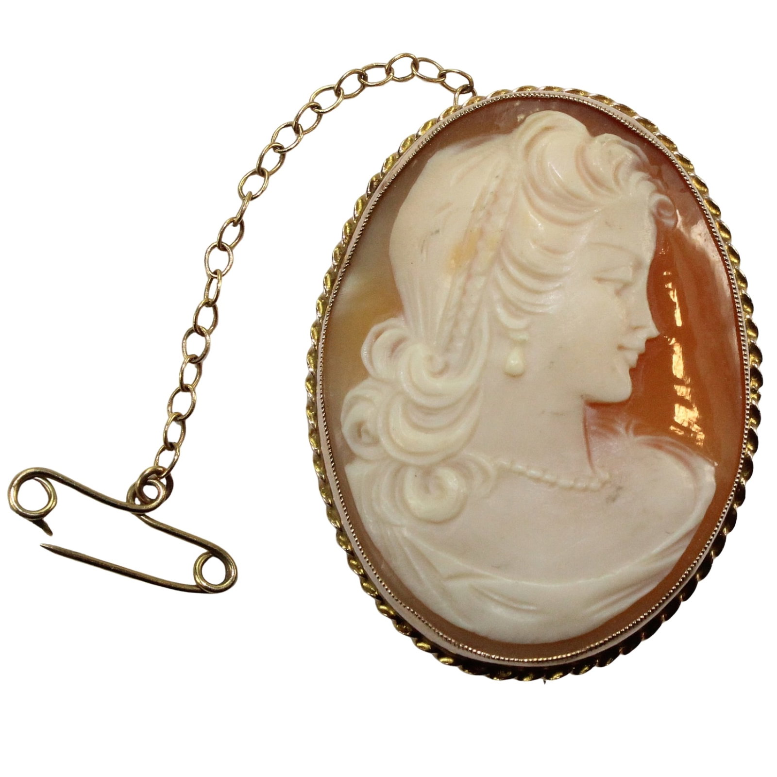 Antique Shell Cameo Brooch in 9ct Gold Surround: Quality Size Dimensions 38x29mm : Total weight 9.84gms Medium Jewelry Literature Base metal pin