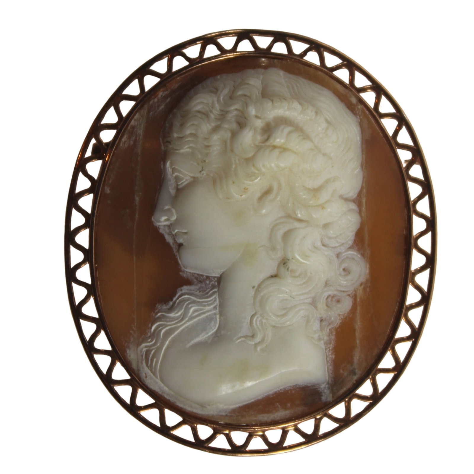 High-relief Shell Cameo Brooch in 9ct Yellow Gold: . Size Total weight 11.1gms . 4.5x4cms Medium Jewelry