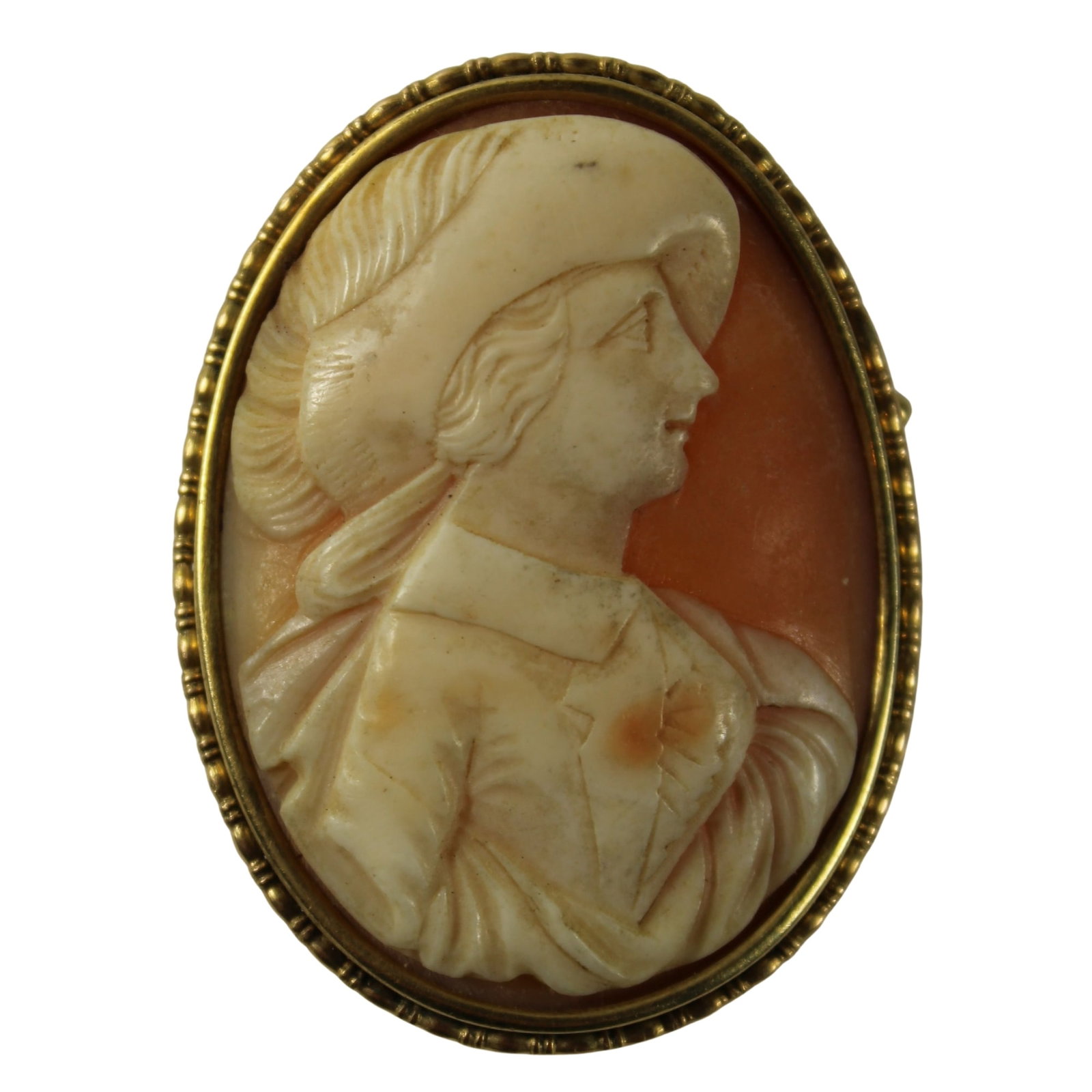 Unusual Shell Cameo Carving of a Medieval Gentleman in a 14ct Yellow Gold Brooch Mount (1 of 2)
