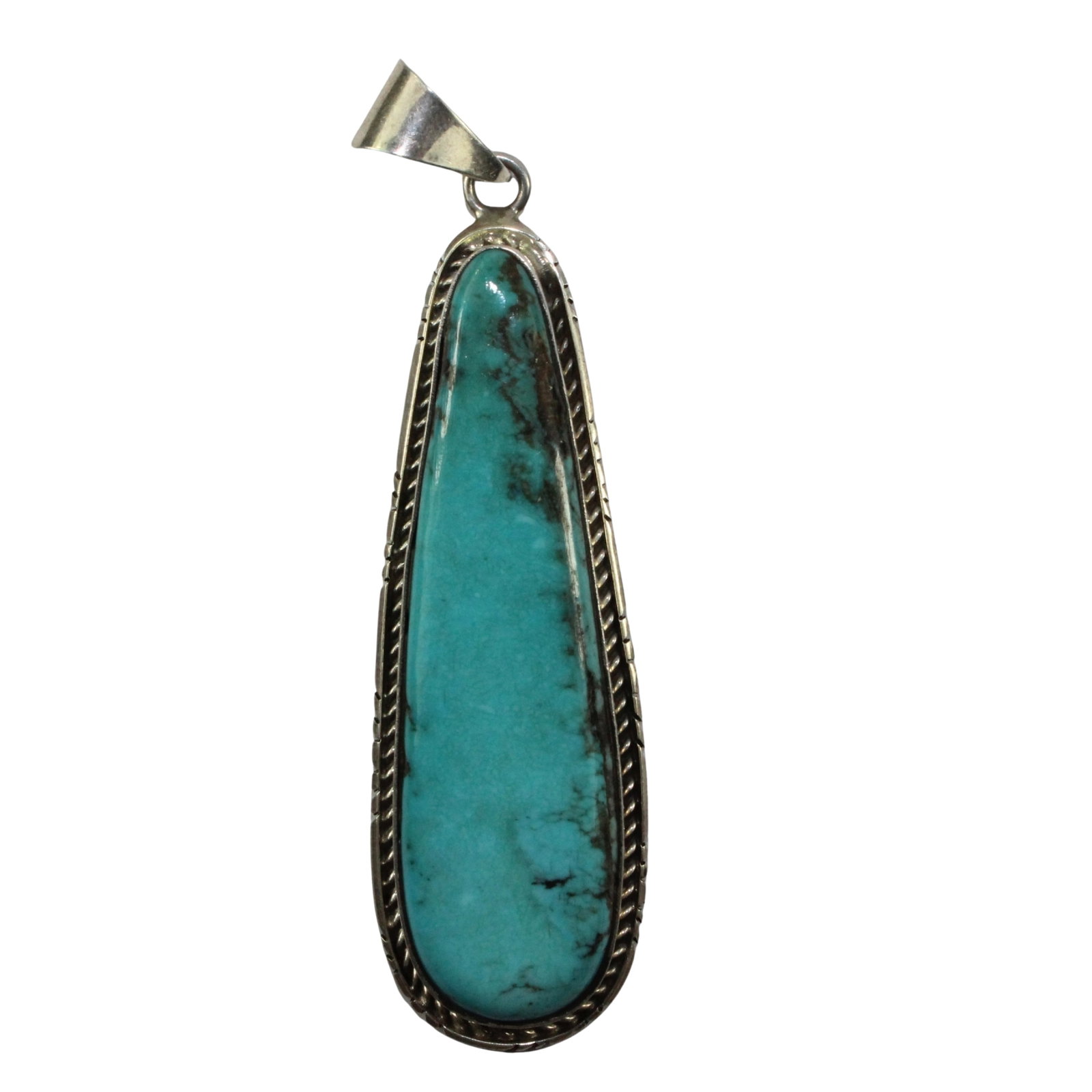 Turquoise Drop Pendant in Sterling (925) Silver: . Size 7.3x2.2cms Medium Jewelry Exhibited General
