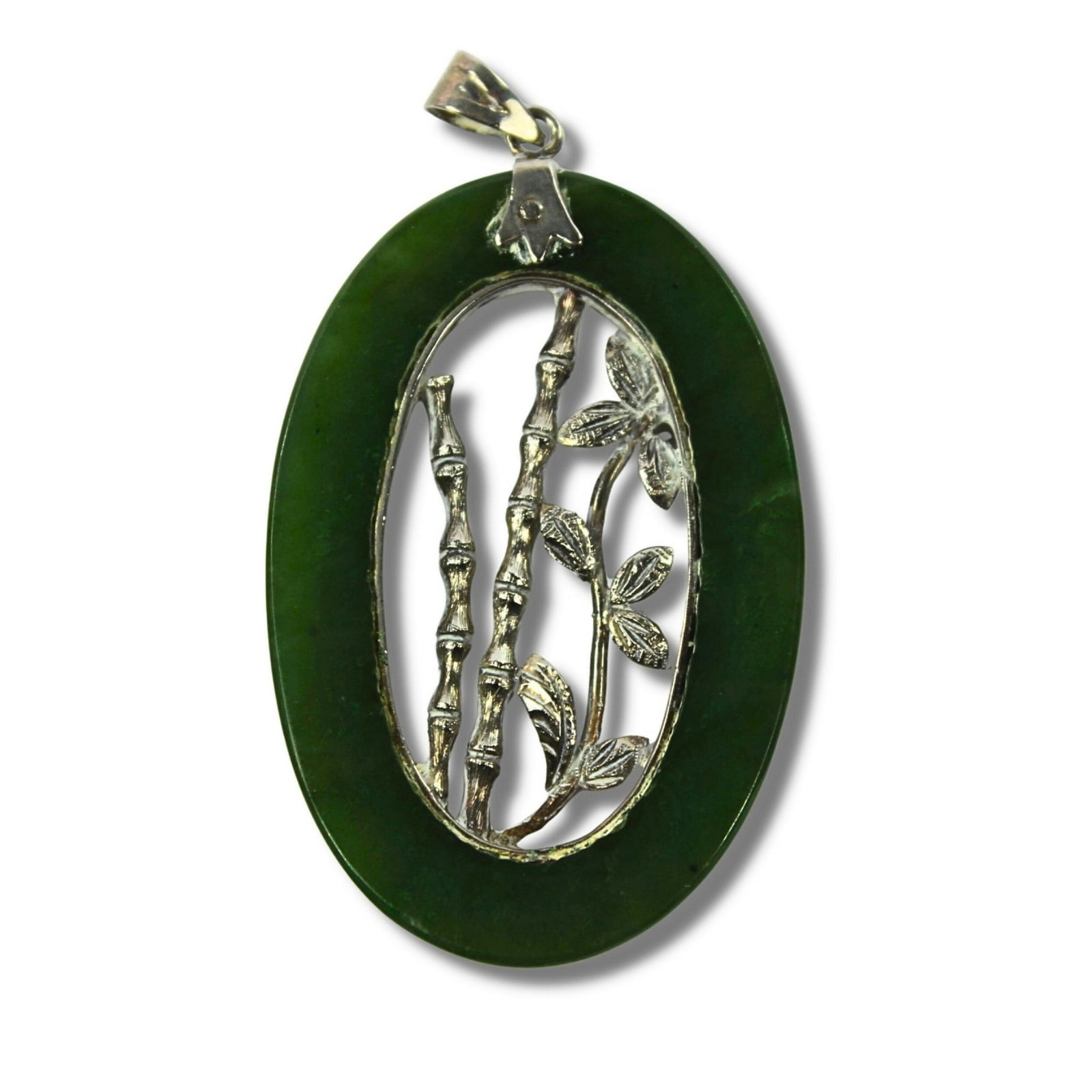 Oval Nephrite Jade Pendant with Silver-plate Mount: Central 'Bamboo' Design Size Dimensions 5x2.5cms Medium Jewelry Exhibited Jade