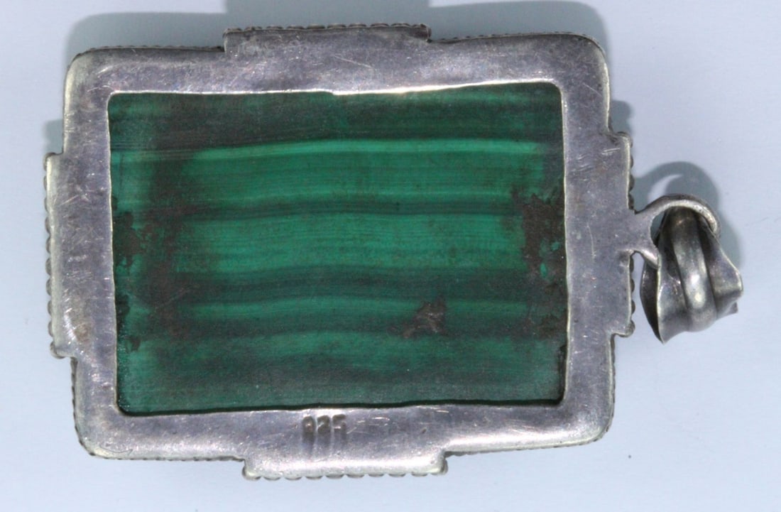 Vintage Sterling (925) Silver Pendant featuring Square-cut Malachite - 3