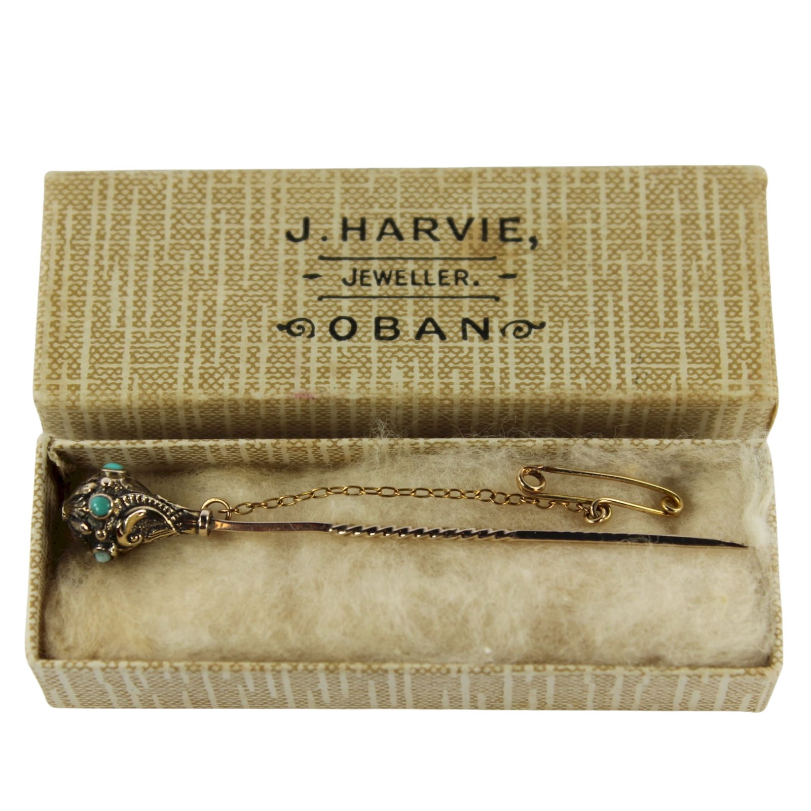 Vintage Pin in 9ct Yellow Gold with Turquoise adornments: Original Box labelled 'J Harvie Jeweller Oban (Scotland)' Size Weight 5.5gms : Length 7.2cms Condition Shaft is Gilt Silver Medium Jewelry