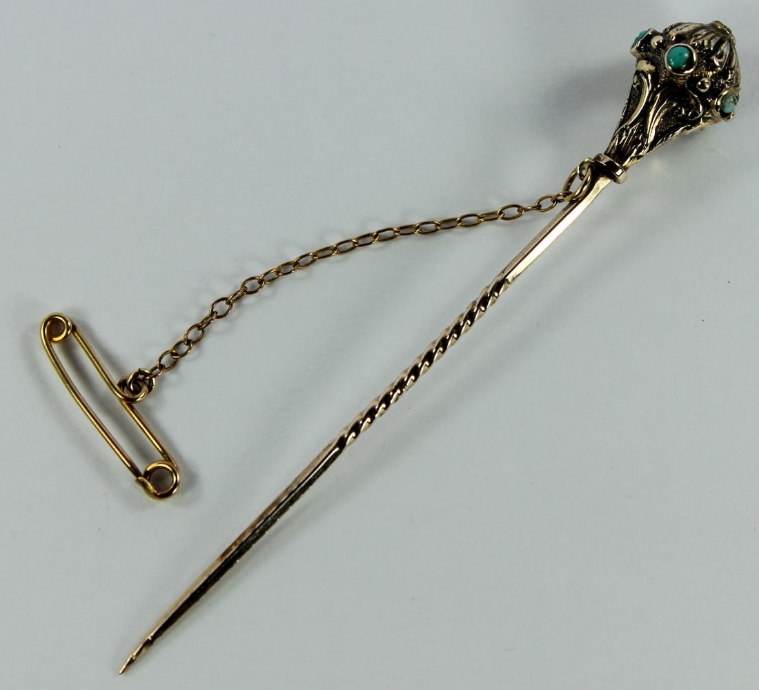 Vintage Pin in 9ct Yellow Gold with Turquoise adornments - 2