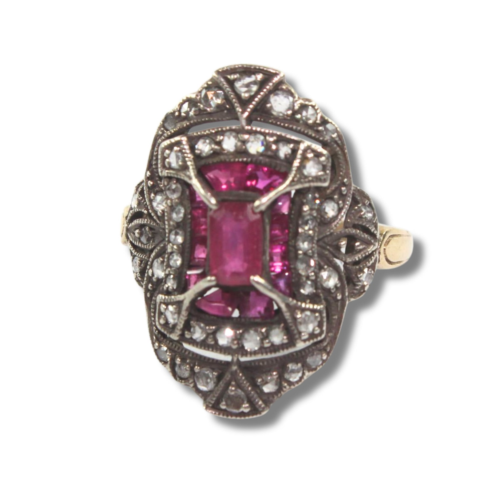 Classic-style Synthetic Ruby & Diamond Ring set in Silver with 9ct Yellow Gold Shank: . Size Size M : Total weight 3.19gms Medium Jewelry Exhibited Gemstone, Ruby