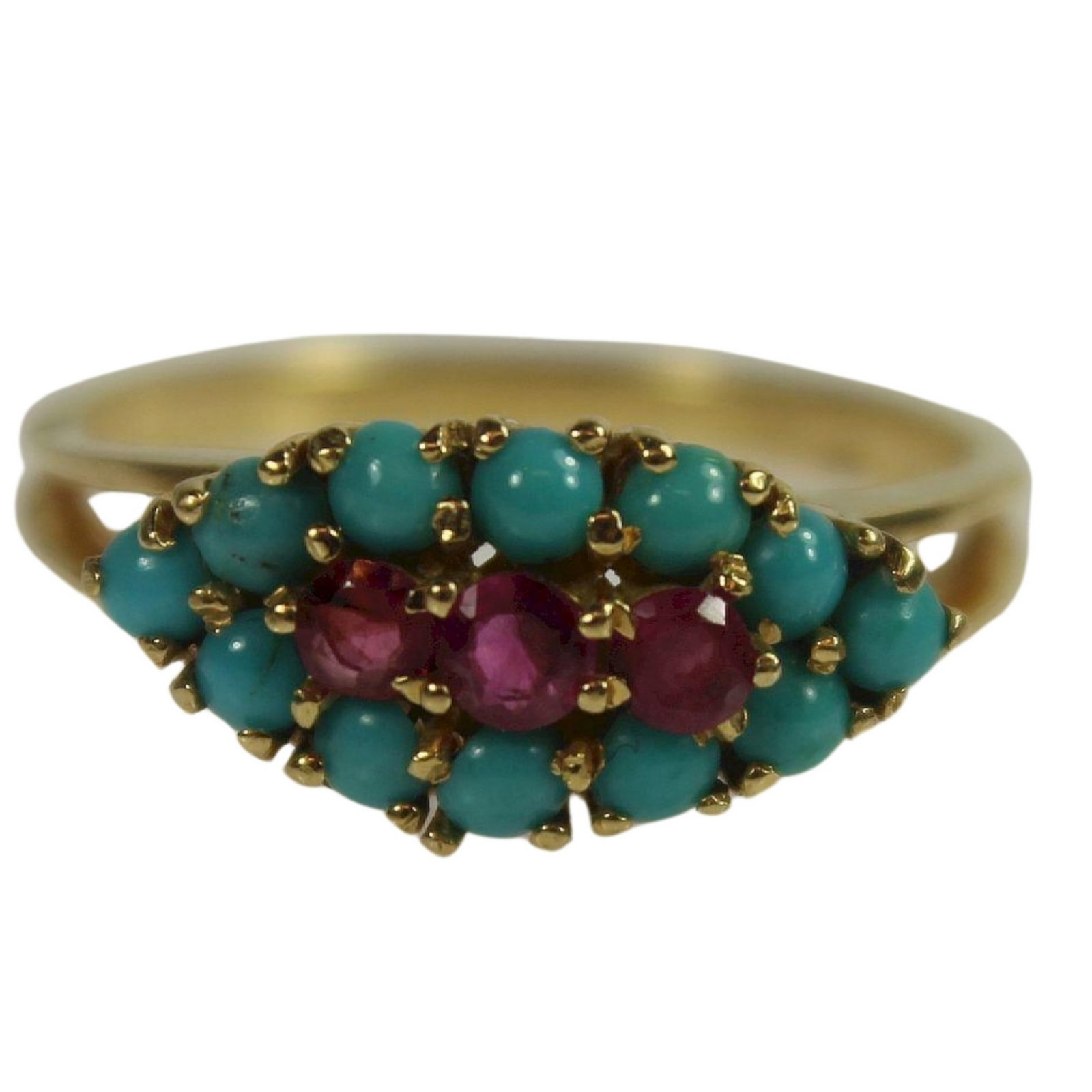 Delicate Ruby & Turquoise Ring in 18ct Yellow Gold: . Size Size O : Total weight 3.66gms Medium Jewelry
