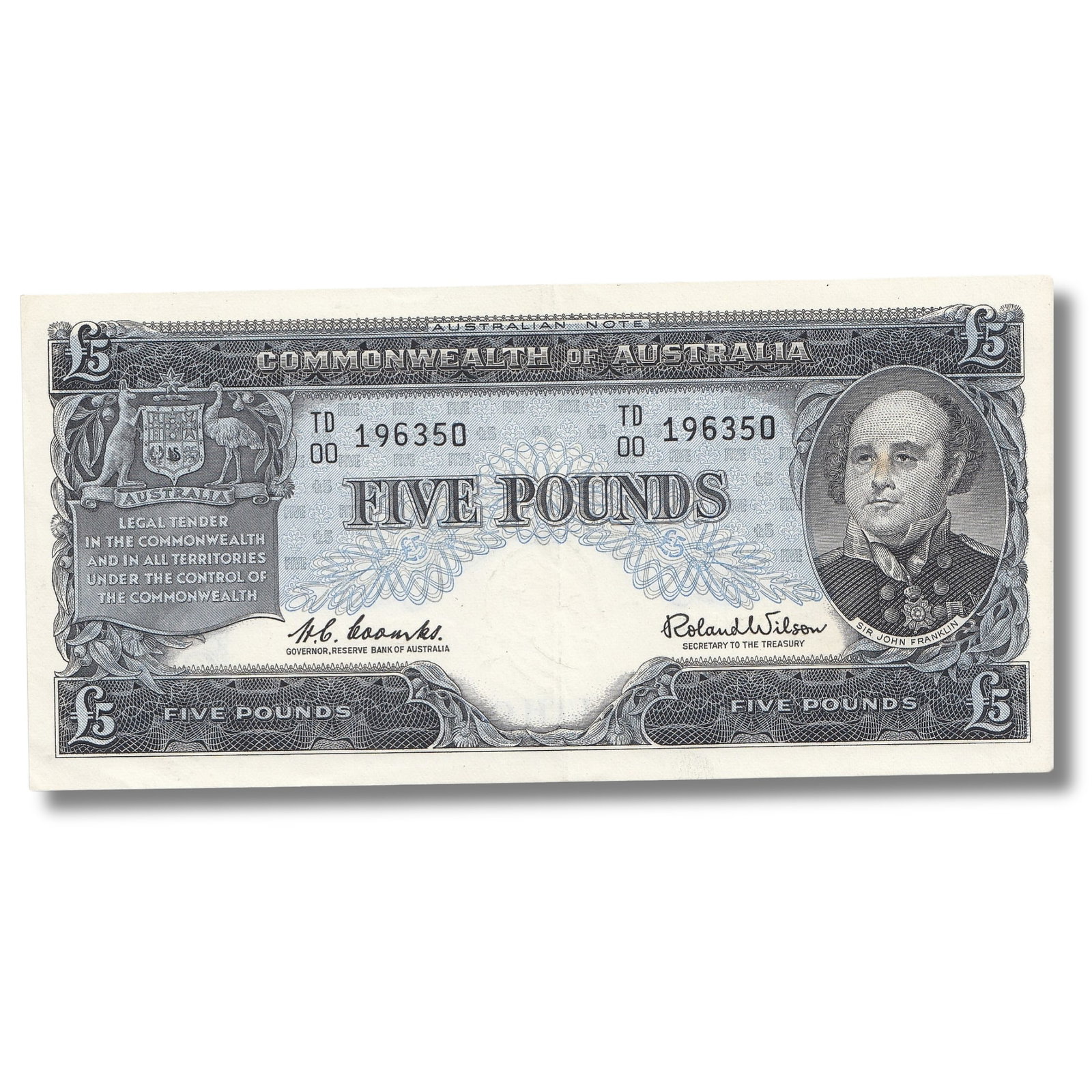Australia 'Coombs - Wilson' Reserve £5 (1960), good Extremely Fine OPQ: Renniks# 50 : Serial# TD/00 196350 Condition O(riginal) P(aper) Q(uality). Centre fold Medium Coins, Monies & Stamps Exhibited Paper Money, Australia & New Zealand
