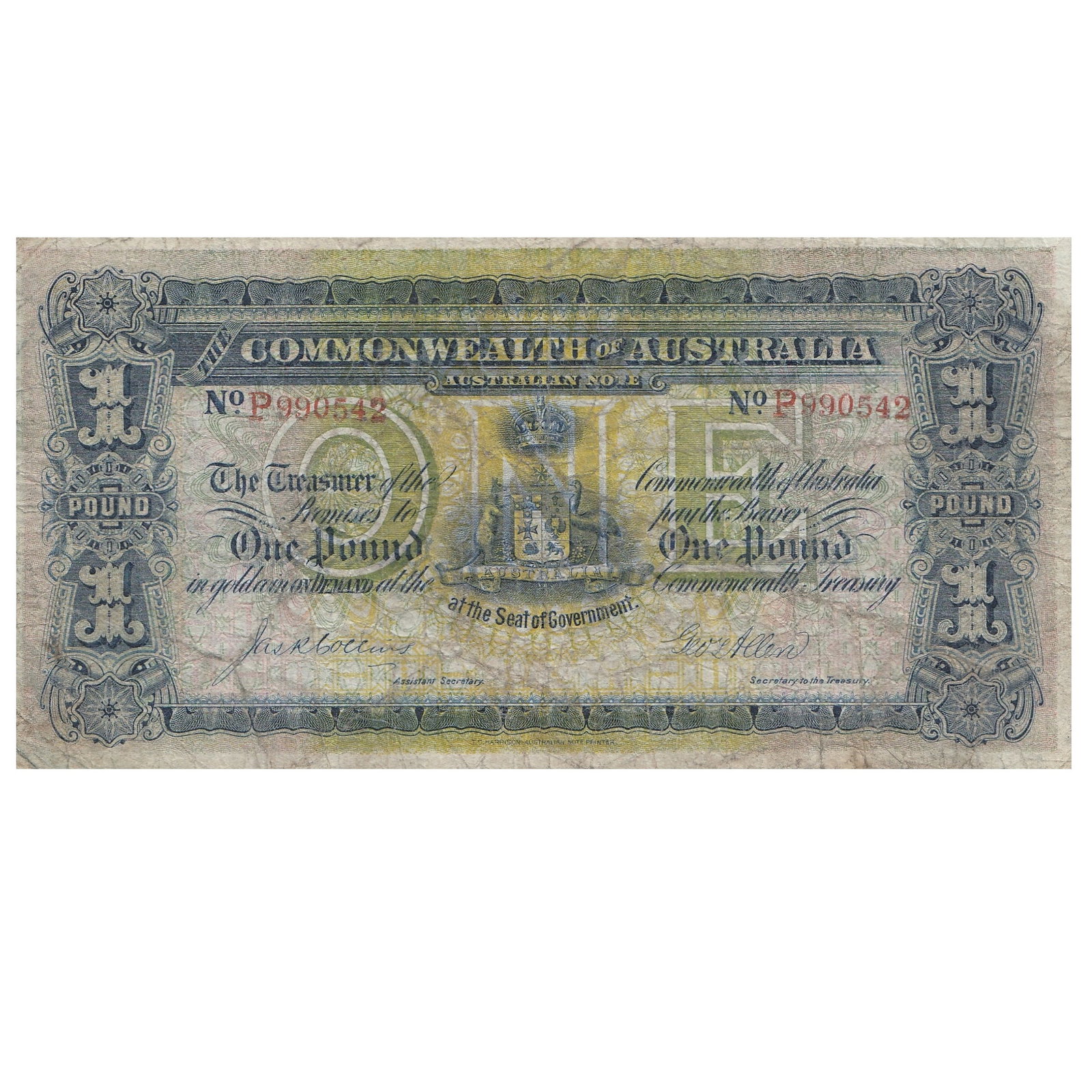 Australia 'Collins - Allen' First issue - P Prefix with Red Serial' £1 (1913), Fine: Renniks# 18a : Serial# P 990542. Much rarer than the Red Serial 10/- Condition Fully intact note with a few minor pinholes Medium Paper Money, Australia & New Zealand Literature Less than 20 known