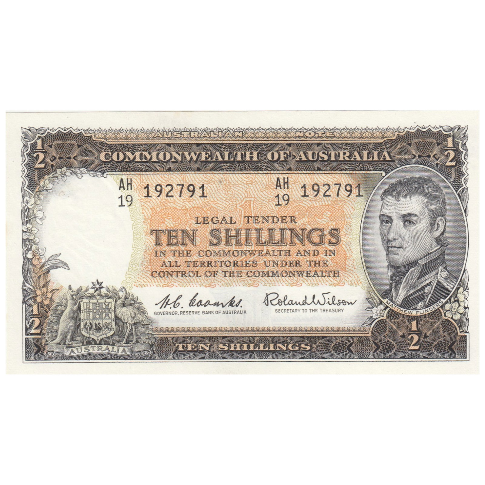 Australia 'Coombs - Wilson' Reserve 10/- (1961), Uncirculated OPQ: Renniks# 17 : Serial# AH/19 192791. Consecutive to following note Condition O(riginal) P(aper) Q(uality) Medium Coins, Monies & Stamps Exhibited Paper Money, Australia & New Zealand
