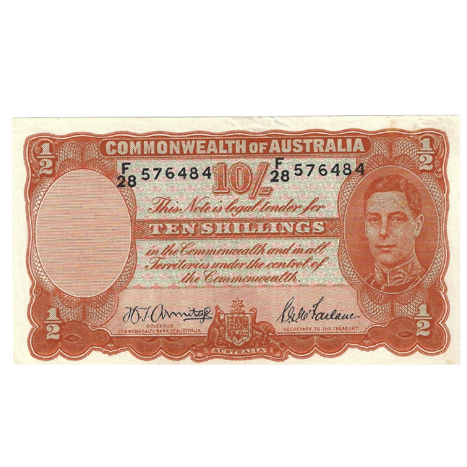Australia 'Armitage - McFarlane' 10/- (1942), about Uncirculated OPQ: Renniks# 13 : Serial# F/28 576484 Condition O(riginal) P(aper) Q(uality). Minor handling on top edge Medium Paper Money, Australia & New Zealand