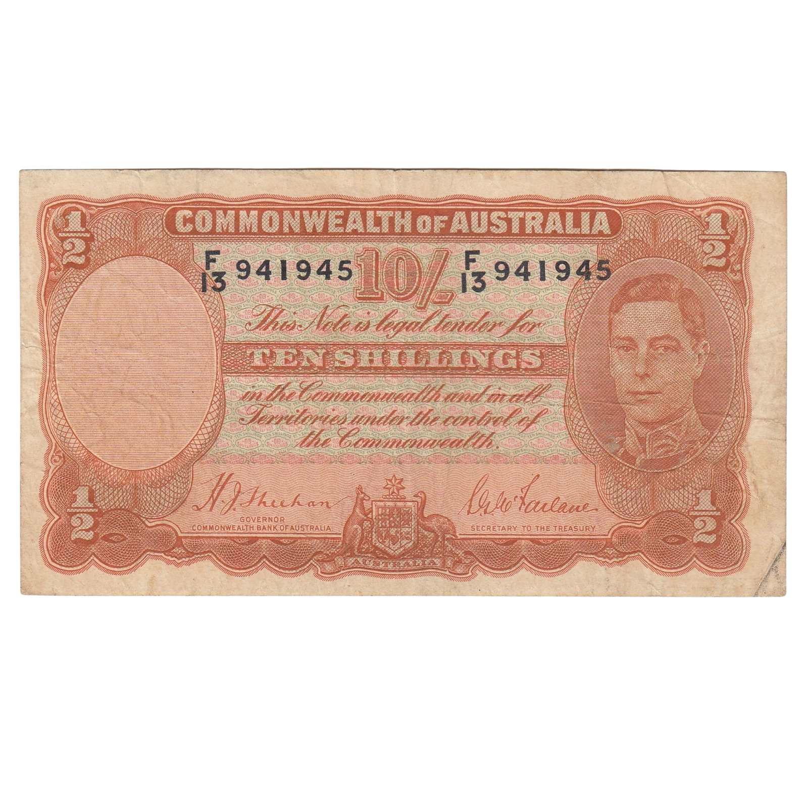 Australia 'Sheehan - McFarlane' 10/- (1939), about Very Fine: Renniks# 12 : Serial# F/13 941945 Medium Coins, Monies & Stamps