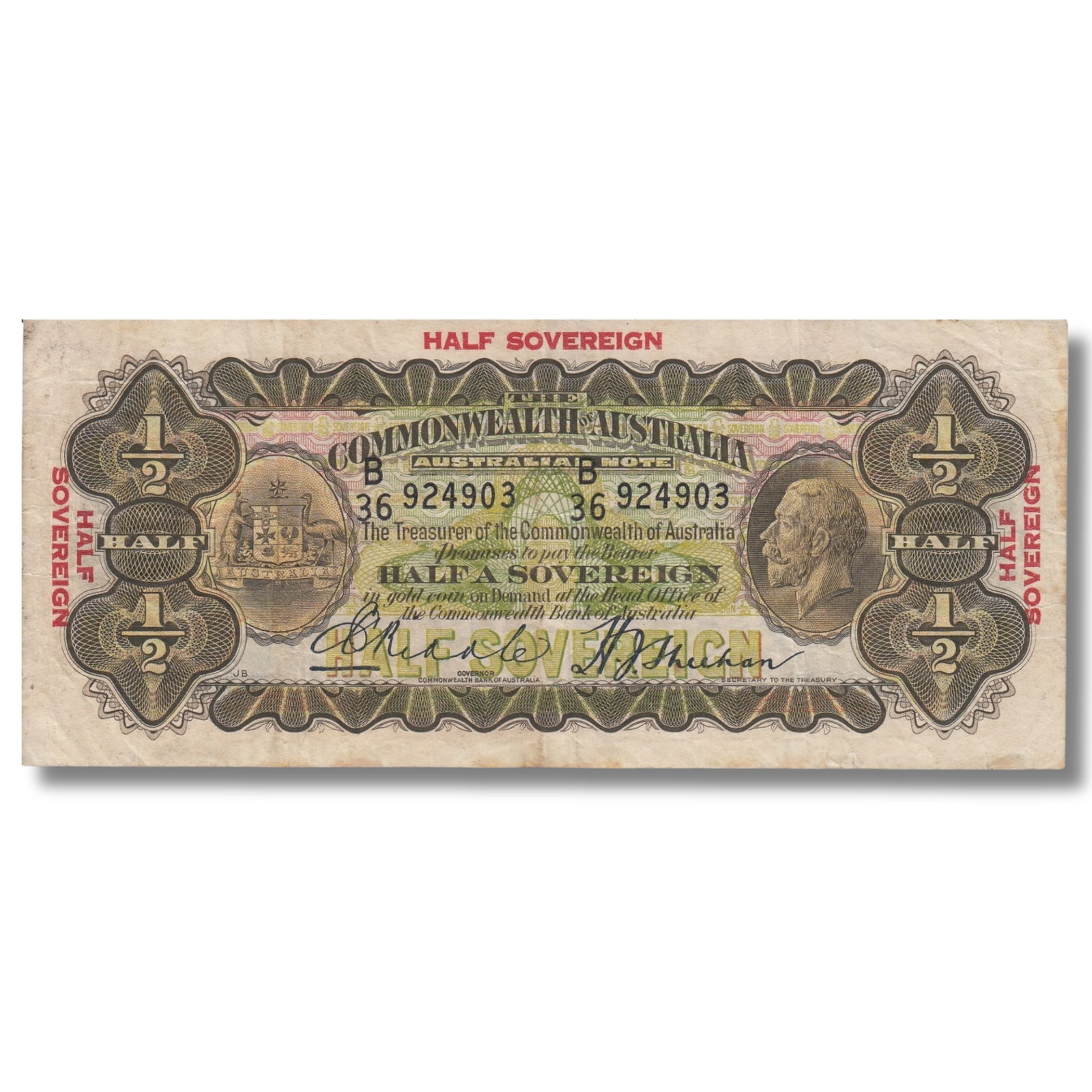 Australia 'Riddle - Sheehan' First Prefix - Thick Signature 10/- (1933), Crisp good Very Fine: Renniks# 8aF : Serial# B/36 924903. Rare variety and always highly regarded Medium Paper Money, Australia & New Zealand