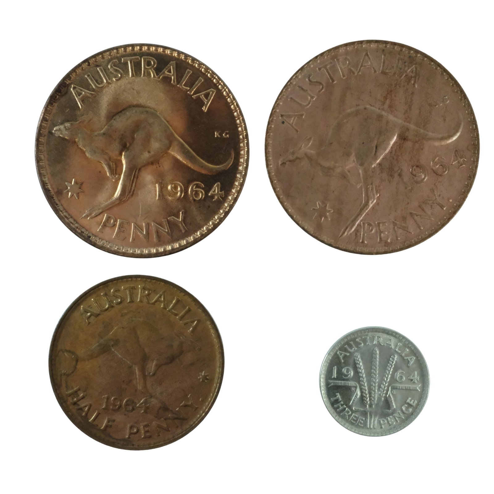 Australia 1964 Copper 1/d, 1d (M) & 1d (P) & Silver (500) 3d , Choice Uncirculated (4): Complete QEII Year Set Size ASW 0.0227 Troy oz Medium Coins, Monies & Stamps Exhibited Coins, Australia & New Zealand