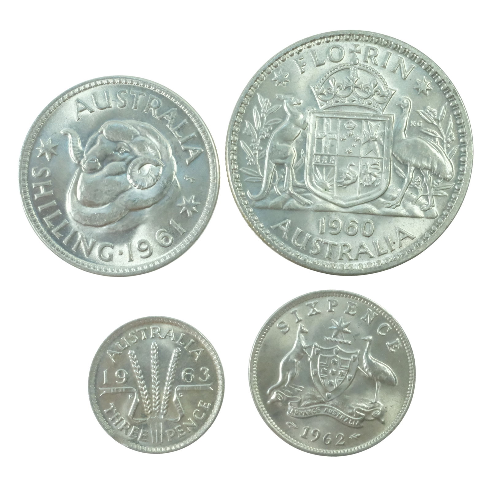 Australia QEII Silver (500) Type Set, Choice Uncirculated (4 ): 1963 3d, 1962 6d, 1961 1/- & 1960 2/- Size Combined ASW 0.2861 Troy oz Medium Coins, Monies & Stamps Exhibited Coins, Australia & New Zealand