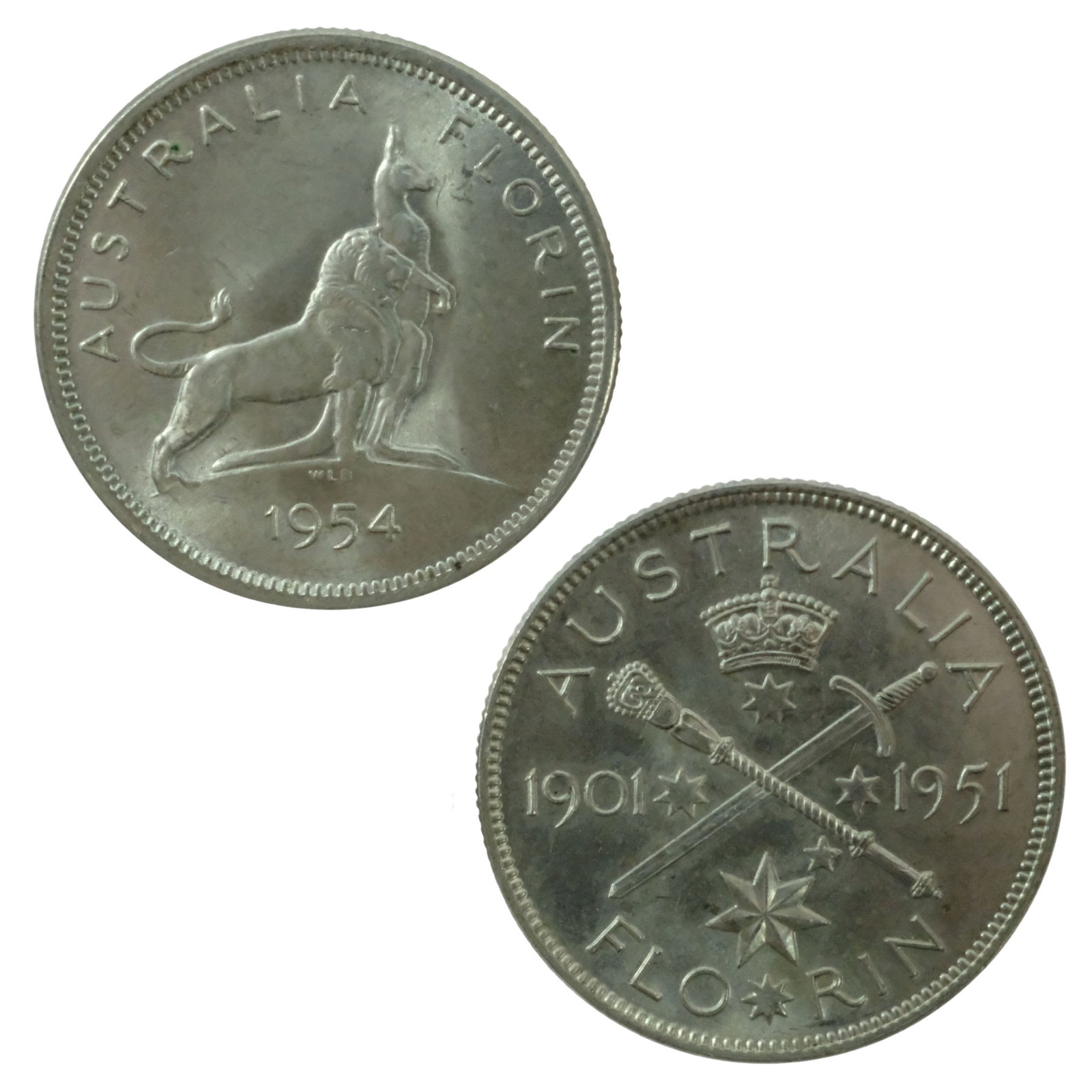 Australia 1951 'Jubilee' & 1954 'Royal Visit' Silver (500) 2/-'s, Choice Uncirculated (2): Commemoratives for 50 years of Australia's Federation & the First Visit of a Reigning Monarch to Australia Size Combined ASW 0.3636 Troy oz Medium Coins, Monies & Stamps Exhibited Coins, Australia &