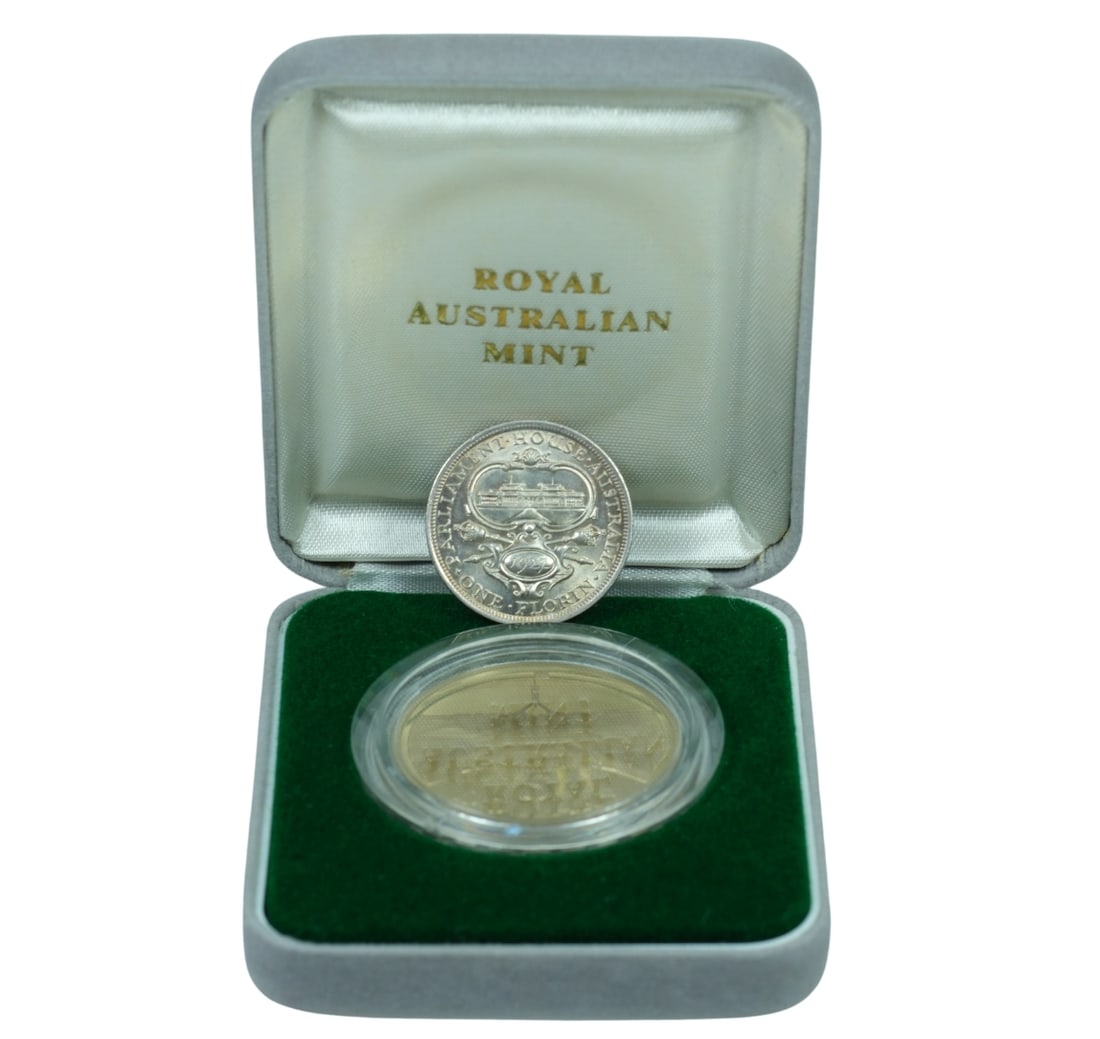 Australia 1927 'Parliament' (925) Florin, virtually Uncirculated & 1988 'Parliament' Proof $5, FDC: Struck for the openings of the Old & New Parliament Houses Size ASW 0.3363 Troy oz Medium Coins, Monies & Stamps Exhibited Coins, Australia & New Zealand