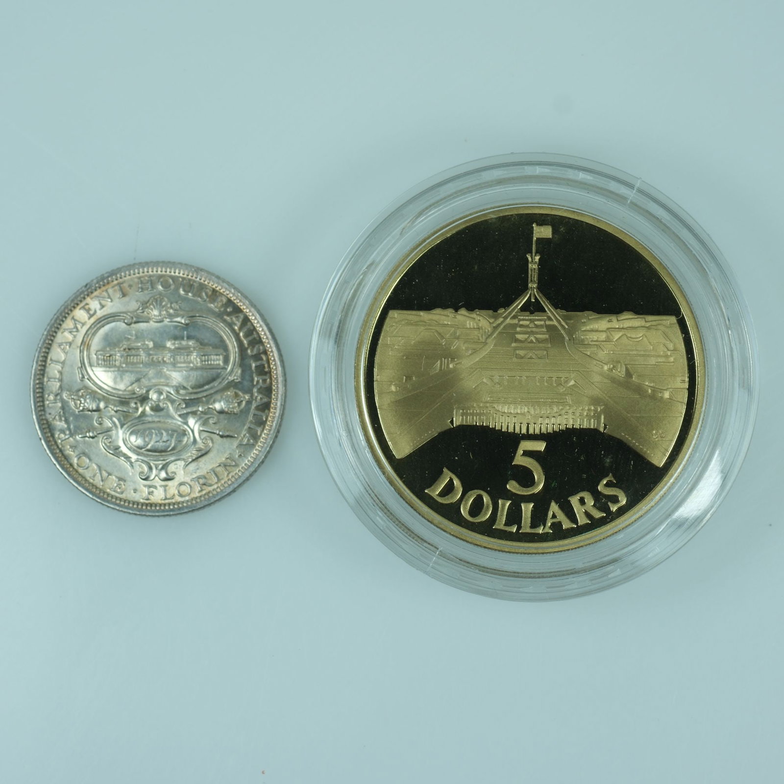 Australia 1927 'Parliament' (925) Florin, virtually Uncirculated & 1988 'Parliament' Proof $5, FDC - 3