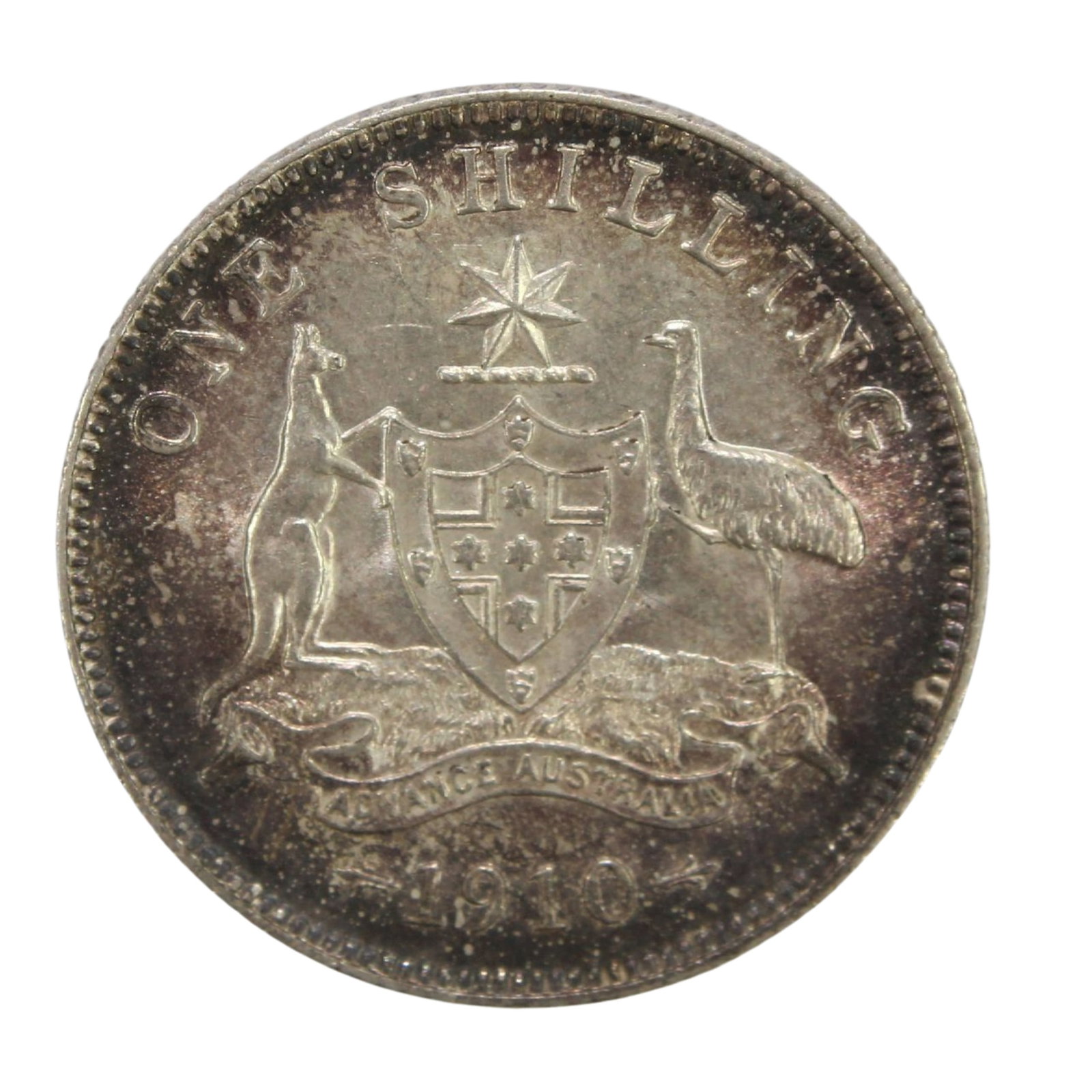 Australia 1910 Silver (925) Shilling, virtually Uncirculated with strong peripheral toning: Edward VII Size ASW 0.1636 Troy oz Medium Coins, Monies & Stamps
