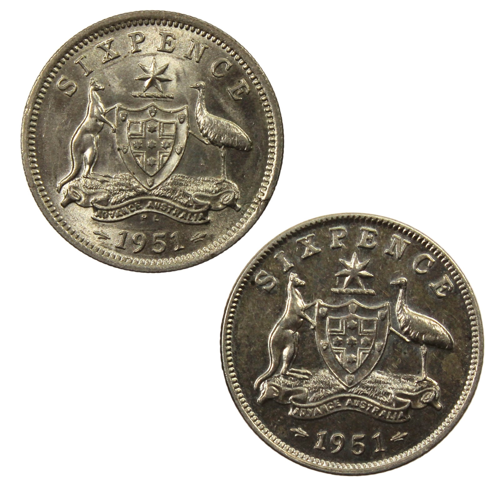 Australia 1951 (M) & 1951 PL Silver (500) 6d's, Choice Uncirculated (2): Melbourne & London Mints Size Combined ASW 0.0908 Troy oz Medium Coins, Monies & Stamps Exhibited Coins, Australia & New Zealand