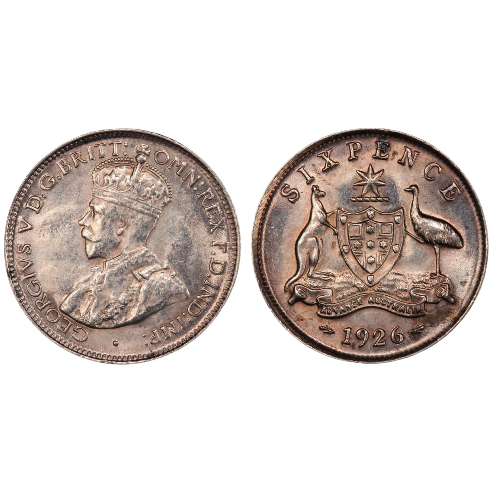 Australia 1926 'Serif on 2' Silver (925) Sixpence, PCGS MS62 (Pop 3): Higher Grades PCGS MS63 (3) 64 (1) 66 (1) Size ASW 0.0839 Troy oz Medium Coins, Monies & Stamps Literature A small number of the 1926 sixpences were struck on the re-used proof dies and show a ser