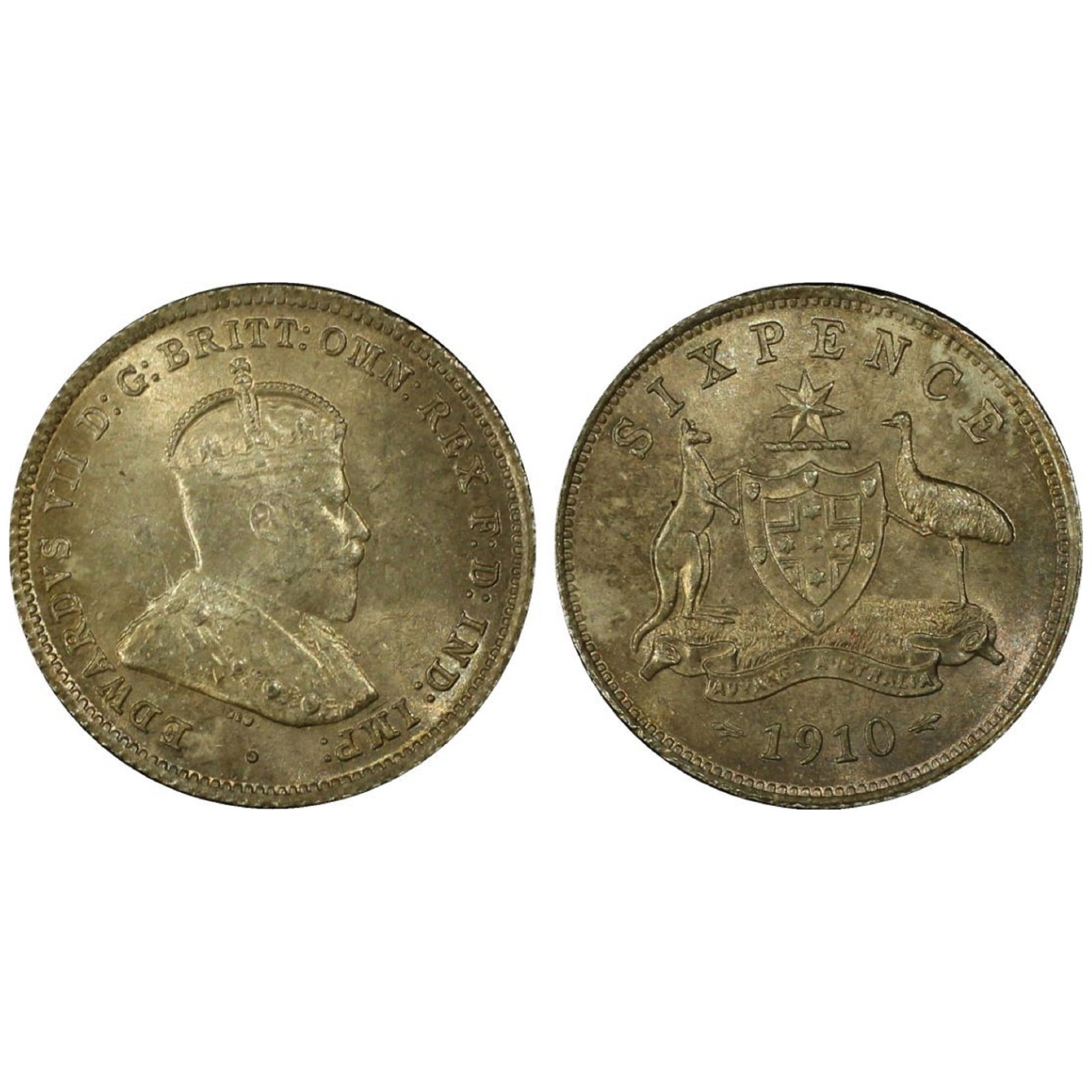 Australia 1910 Silver (925) Sixpence, PCGS MS64+ (Pop 6): Higher Grades (57) Size ASW 0.0839 Troy oz Condition Exquisitely Toned and looks significantly better than third-party grade suggests Medium Coins, Monies & Stamps Exhibited Coins, Australia & New