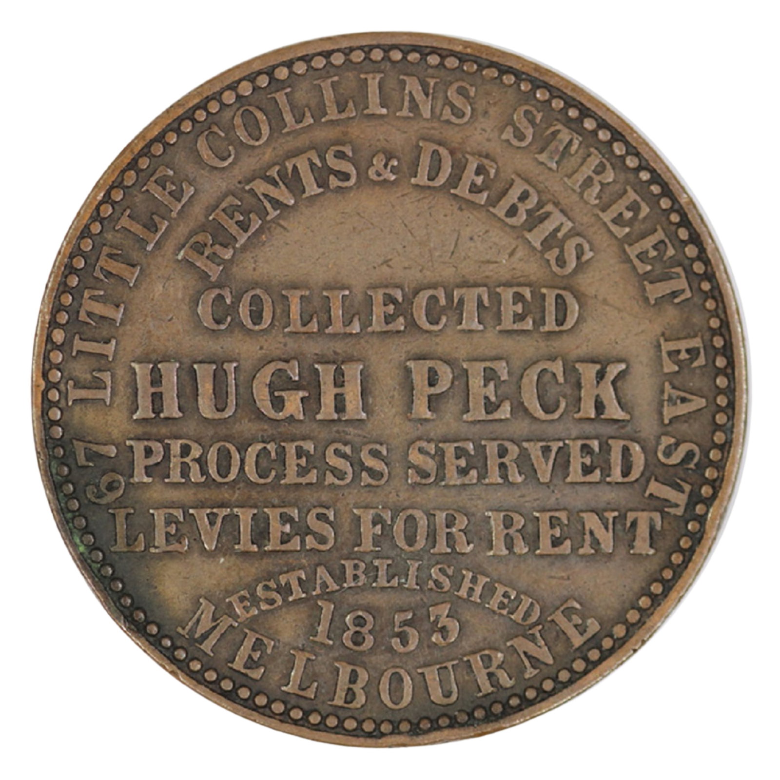 Australia 'Hugh Peck' Melbourne Penny Token (ND circa 1860s), good Very Fine: Renniks# 423. Rarity 3 Size Diameter 34mm Medium Coins, Monies & Stamps Exhibited Coins, Australia & New Zealand