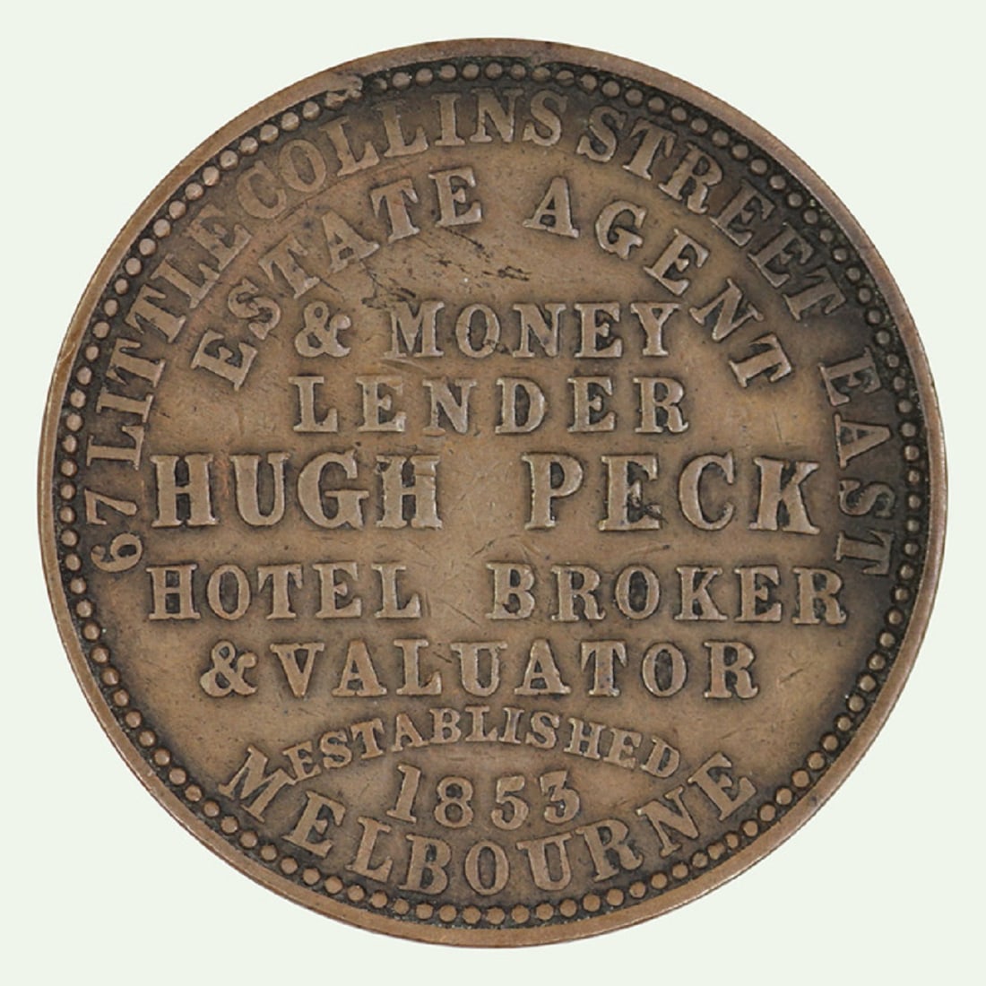 Australia 'Hugh Peck' Melbourne Penny Token (ND circa 1860s), good Very Fine - 2