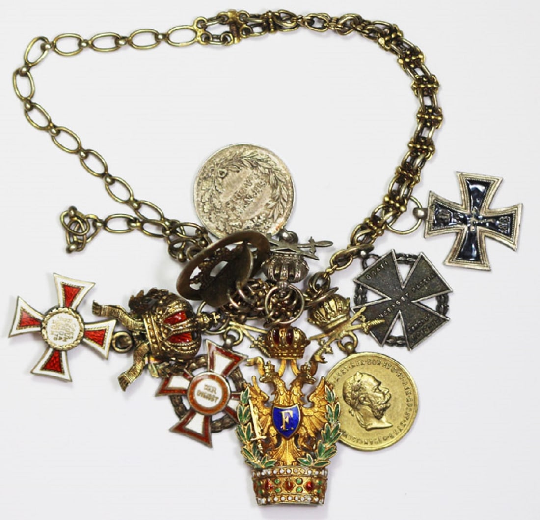 Austro - Hungarian Military Miniature Medals in Silver, Gold & Base Metal on a Gilded Silver Chain: Rare combination Medium Military & Wartime