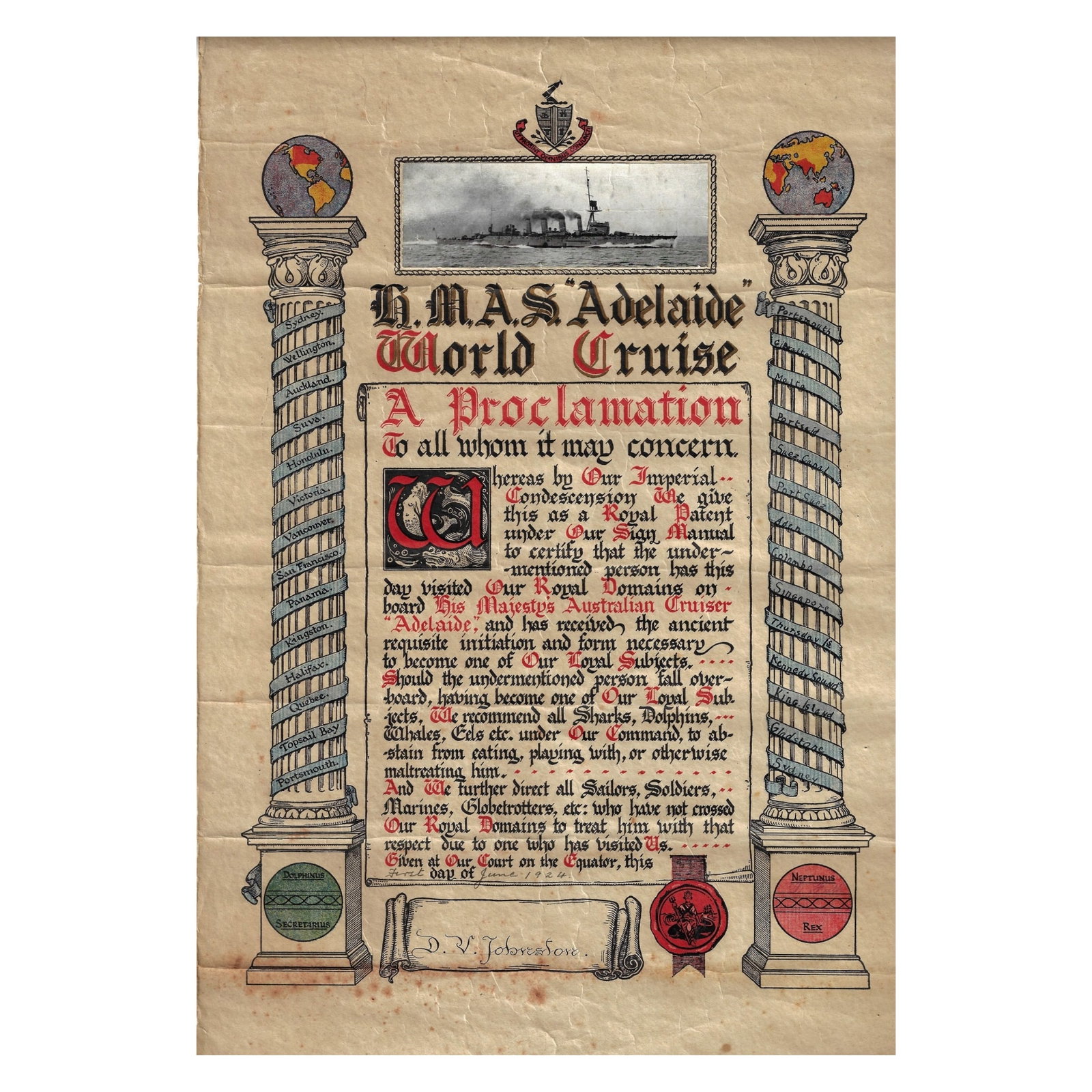 Australia RAN 1924 H.M.A.S. Adelaide 'King Neptune' Induction with Original Silver Badge: Proclamation signed by D.V. Johnston Size . Medium Memorabilia Literature At the end of World War I, the visible symbol of a nation's military might was its Navy, and so in 1923 – 24 ‘His