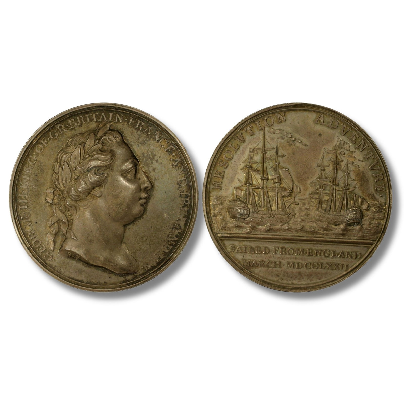 Great Britain / Australia (1772) 'Resolution & Adventure' Medal in Silver, PCGS SP63: Commissioned by Sir Joseph Banks and struck by Matthew Boulton for Captain Cook's Second Voyage Size Diameter 44mm Literature The Resolution and Adventure Medals were commissioned by Sir Joseph Banks 
