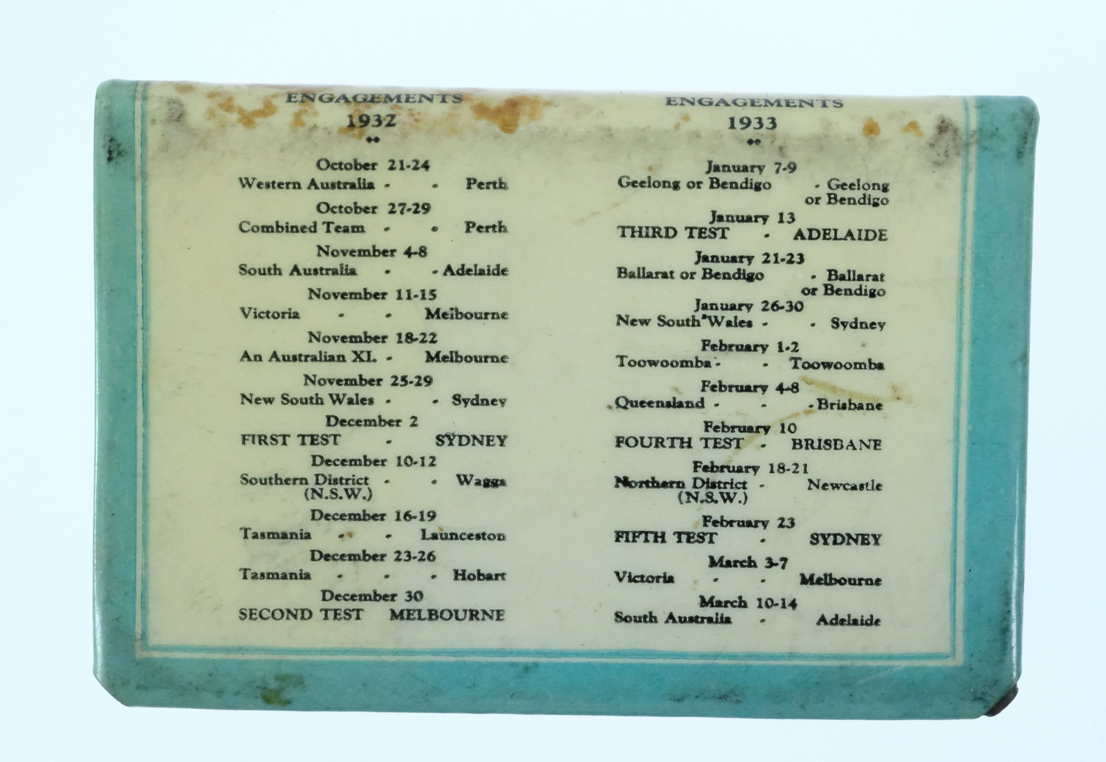 Matchbox Holder for English Cricket 'Borderline' Team Visit 1932-33 - 2
