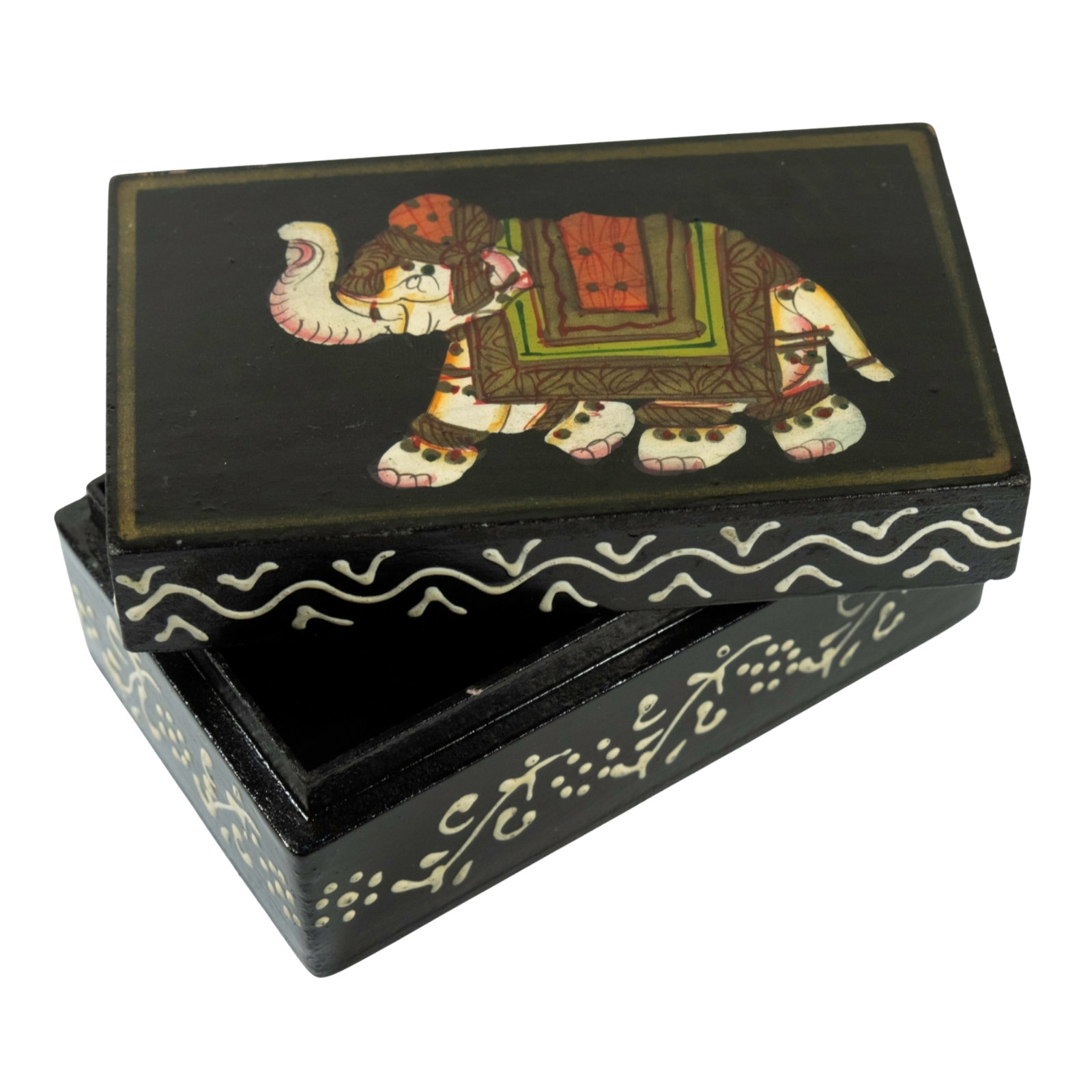 Lidded Wooden Box with hand-painted enamel Elephant design: . Size 10.5x6.5x5cms Medium Tools Exhibited Tool Boxes & Chests