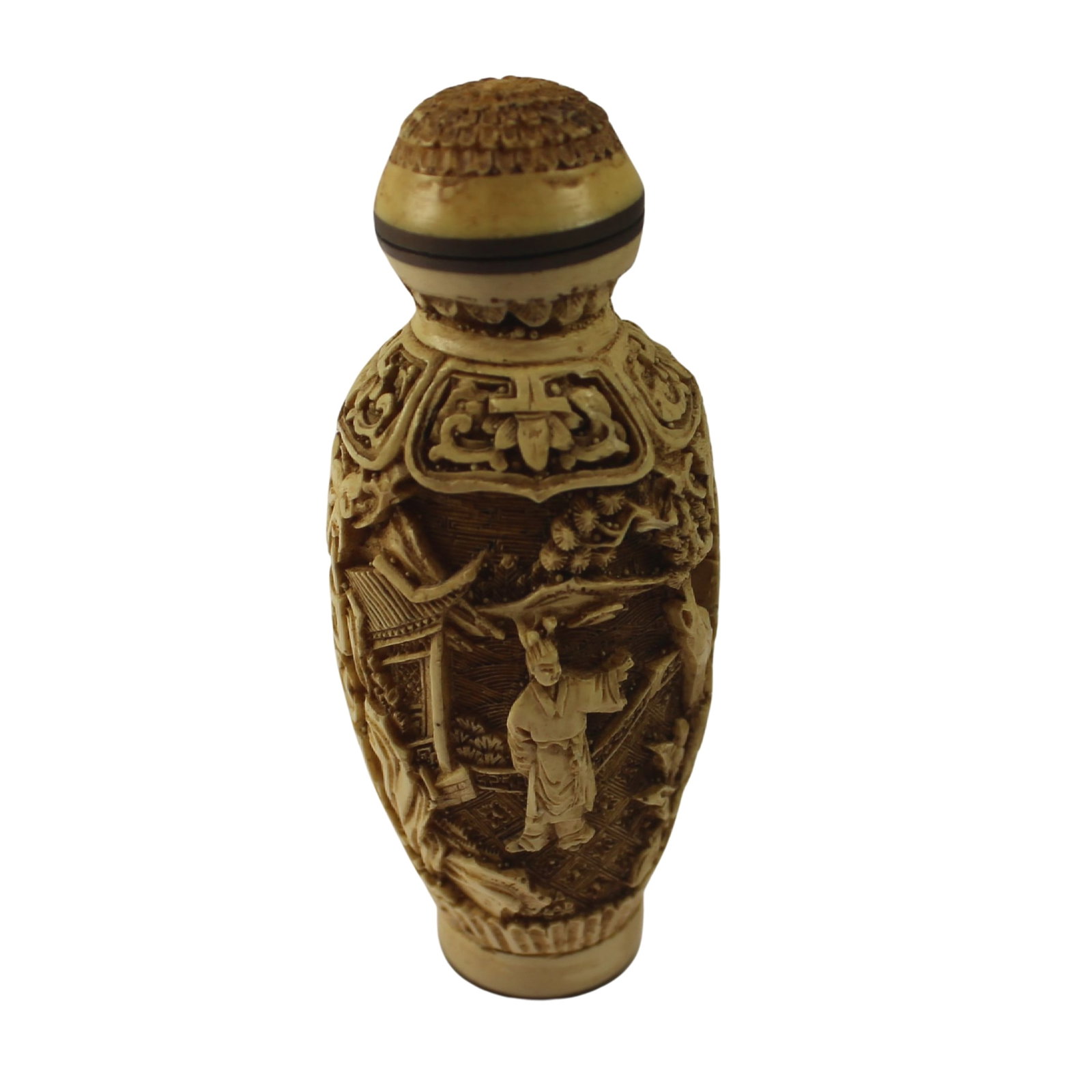 Vintage Chinese Carved Bone & Brass Snuff Bottle: . Size Stands 7.5 cm Medium Chinese Exhibited Snuff Bottles