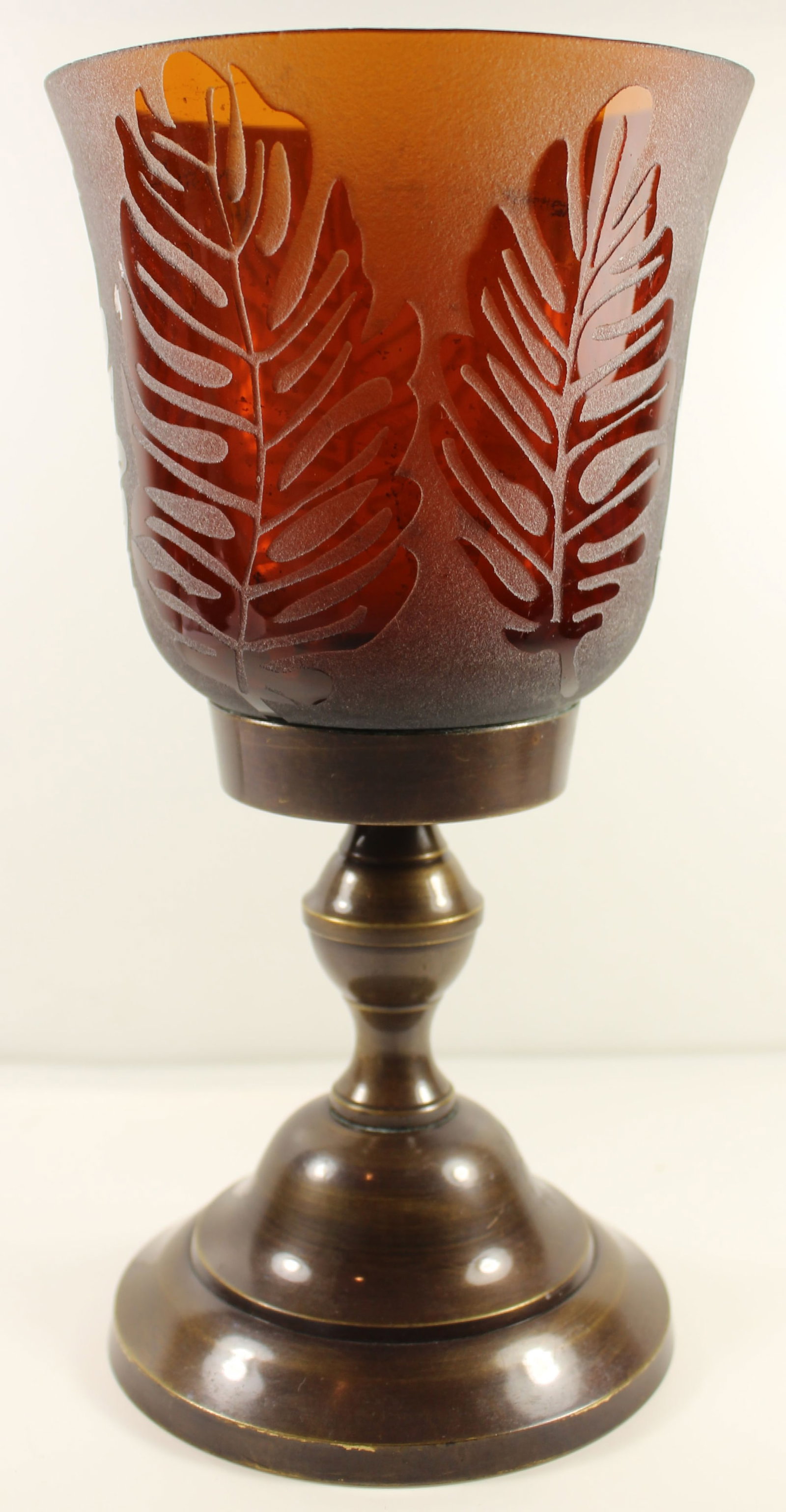 Orange-tinted Engraved Glass Goblet on Brass Foot - 2