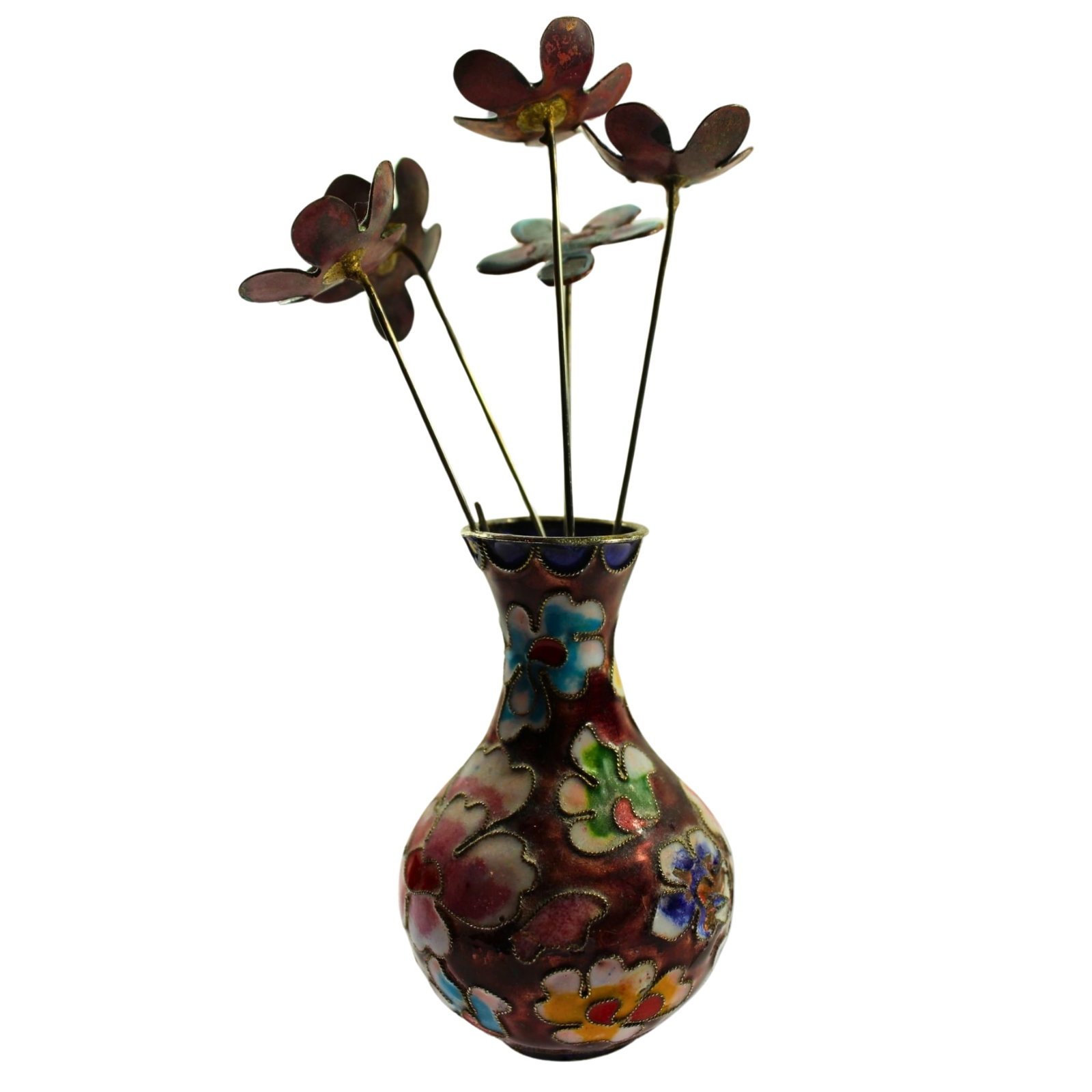 Vintage Cloisonne Flower Vase with Five enamelled Flowers: . Size Vase stands 7.5cms Condition Some enamel missing on vase Medium Chinese