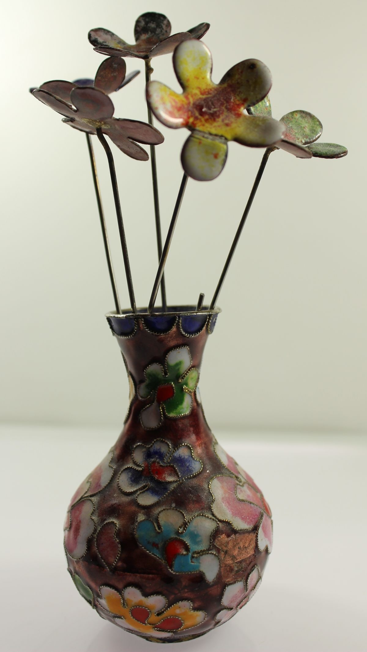 Vintage Cloisonne Flower Vase with Five enamelled Flowers - 2