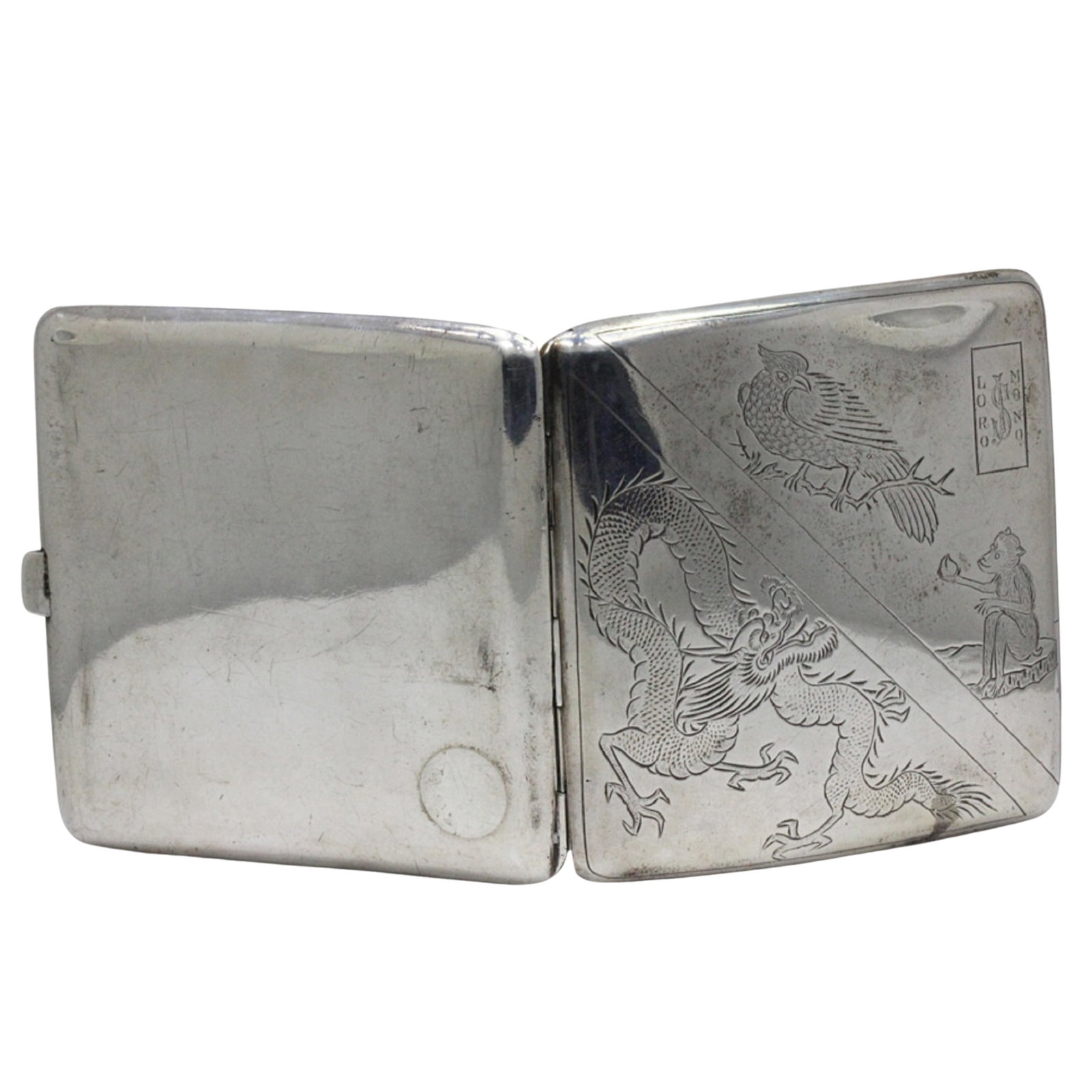 Vintage Chinese Silver (850) Cigarette Case inscribed "Lord Nono': Maker SF. Dragon, Cock & Monkey engravings Size Weight 97gms Medium Cigarette Cases Exhibited Silver & Vertu